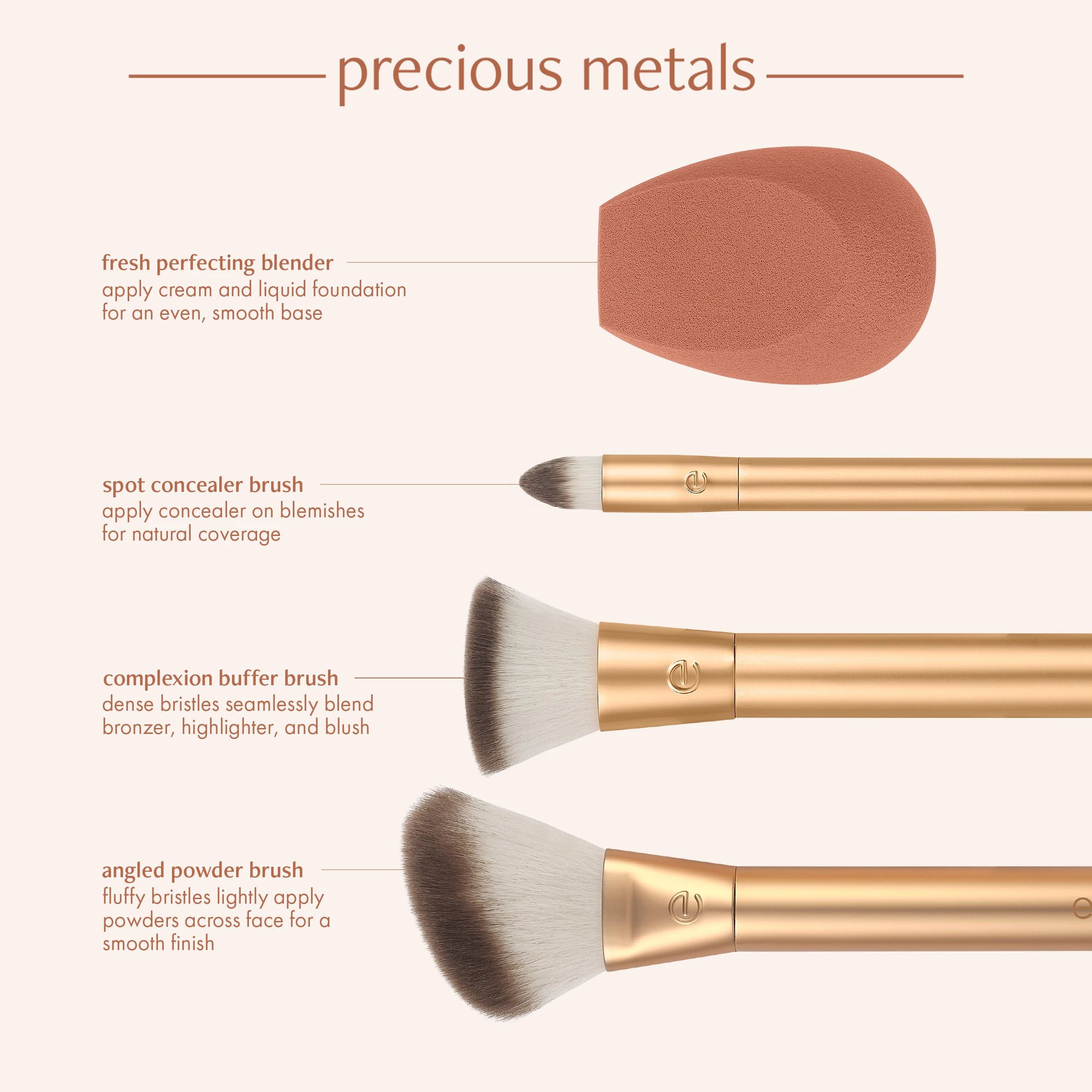 EcoTools Precious Metals Face Blend + Sculpt Kit, Professional Makeup Brush Set (Gold, 4 Piece Set) 6fmsw