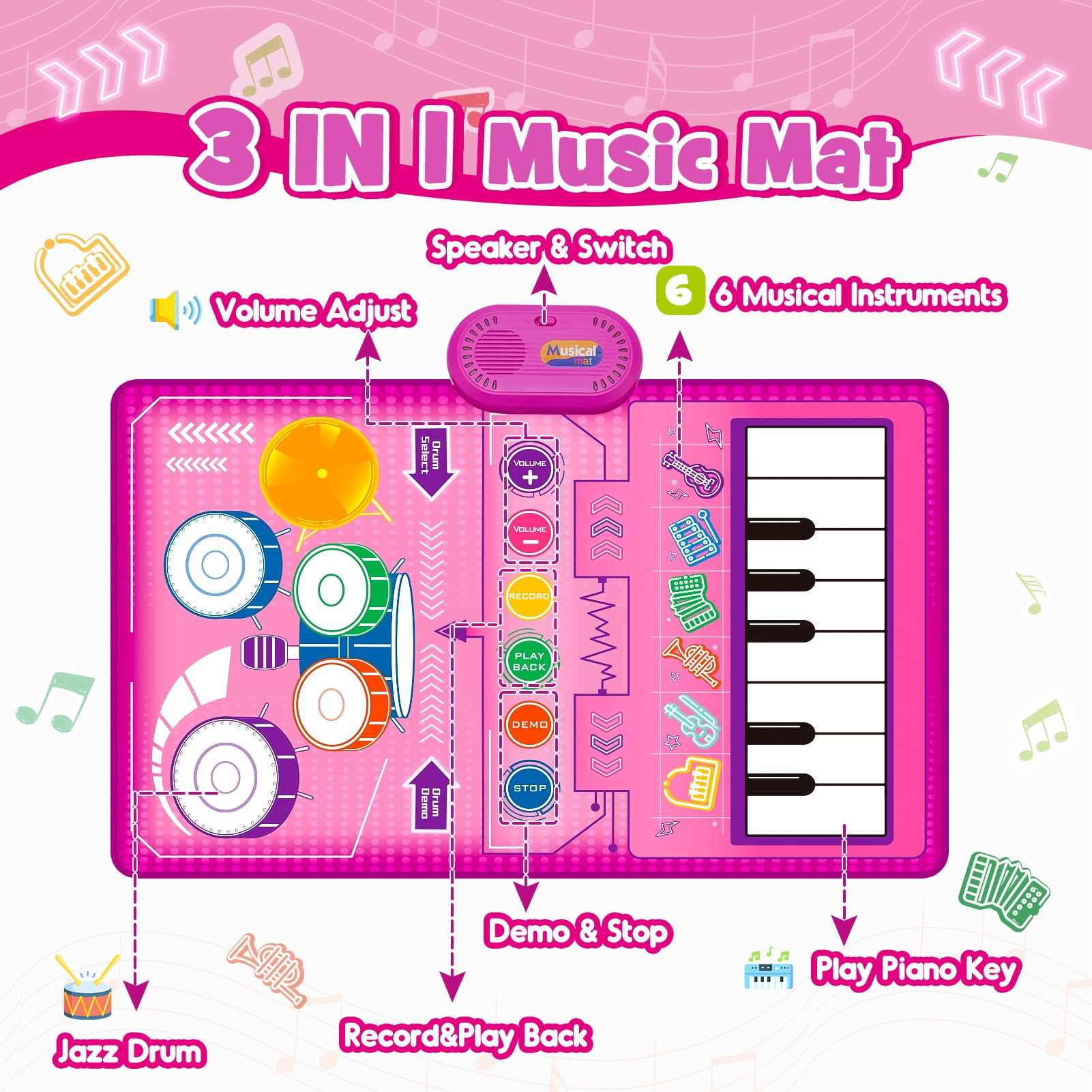 Dreamingbox Musical Piano Mat for Toddlers, Interactive Keyboard and Drum Floor Play Mat (Pink, 39 in x 14 in) kr23y