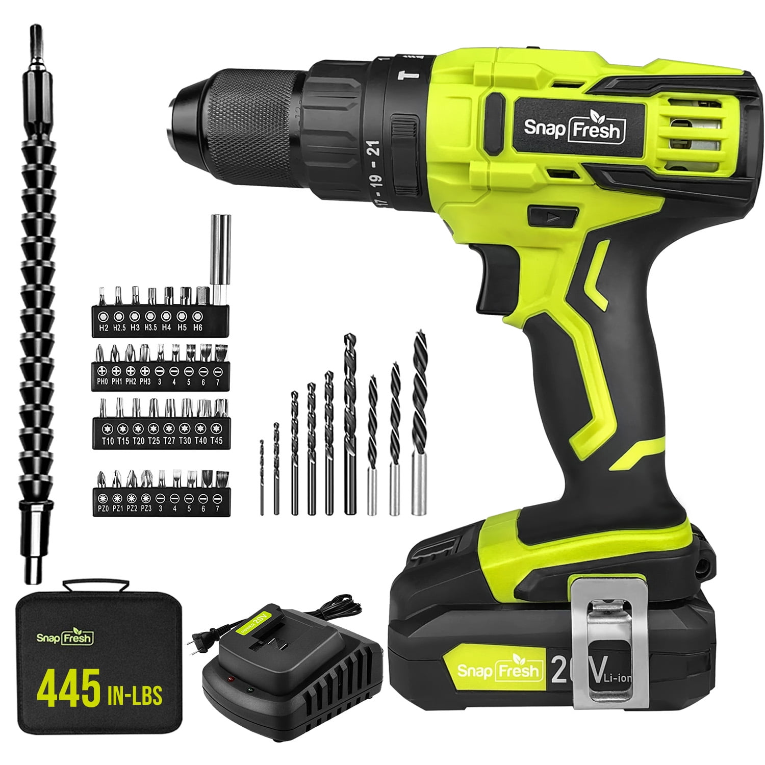 SnapFresh 20V Cordless Hammer Drill Set with 1/2-inch Metal Chuck, 445 In-Lbs Torque, 21+1 Settings (Green, 2.0Ah Battery) ob9rm