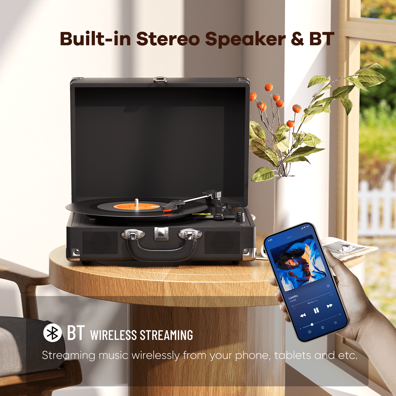 MAIO C200 Vintage Vinyl Record Player, 3-Speed Belt-Driven Turntable with Built-in Stereo Speakers (Black) gxvwc