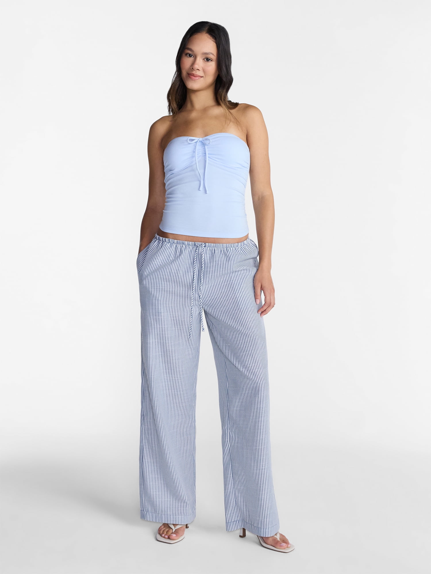 No Boundaries Women's Drawstring Beach Pants Wide Leg Casual Lounge Bottoms (Blue, Large) rhtda
