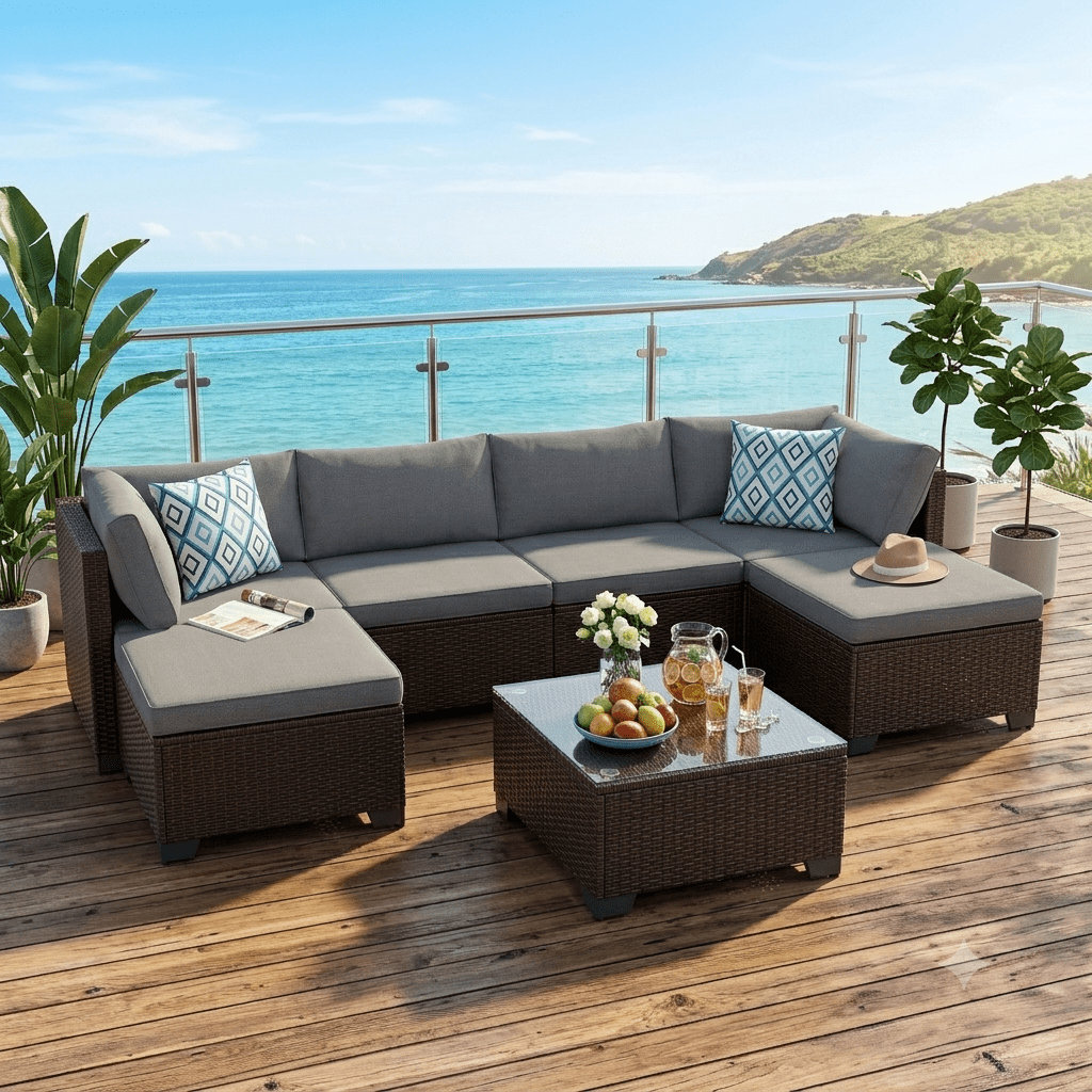Aiho 7-Piece Patio Furniture Set, PE Rattan Outdoor Sectional Sofa with Cushions and Glass Coffee Table (Gray, 7-Piece) xw0wf