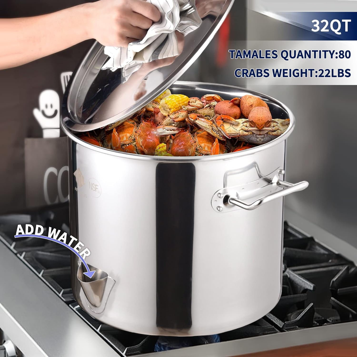 ARC 32QT Stainless Steel Steamer Pot with Propane Burner for Outdoor Cooking (Silver, 32 qt) pwjps
