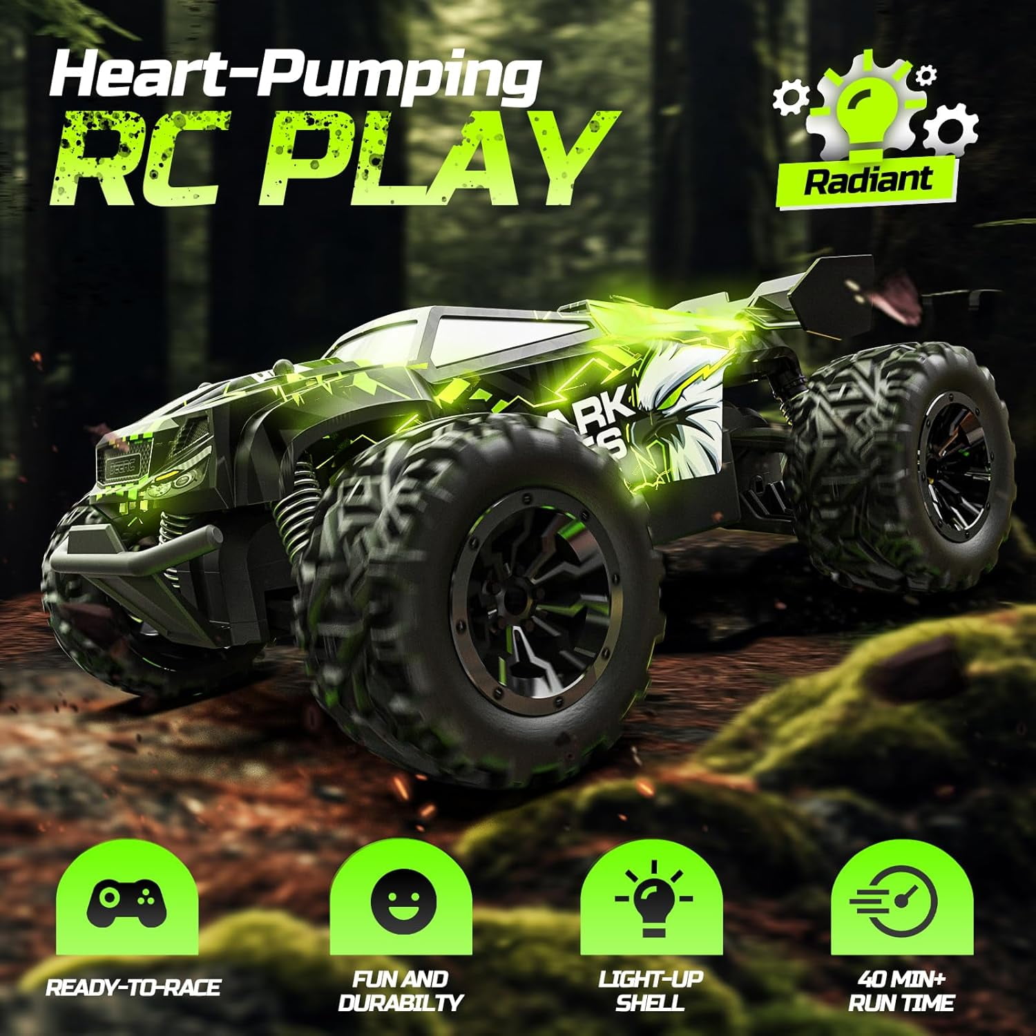DEERC Remote Control Car, All-Terrain Off-Road Monster Truck with LED Lights and 2 Rechargeable Batteries (Green, 1 Pack) nyho8