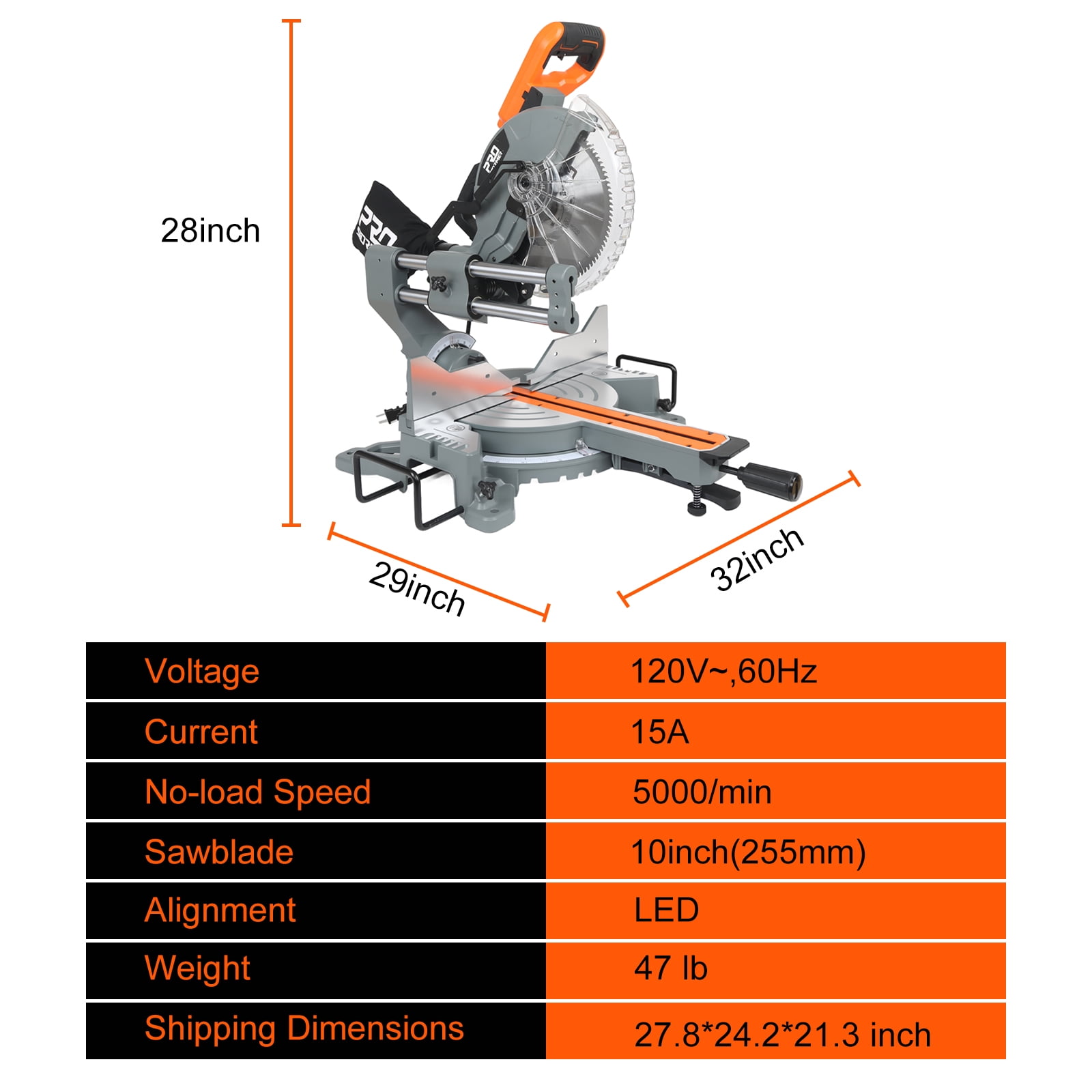 Prostormer 10-Inch Double Bevel Compound Miter Saw, 15A 5000RPM Power Tool with LED Shadow Line and Expansion Table (Silver, 10 in) 90e8c