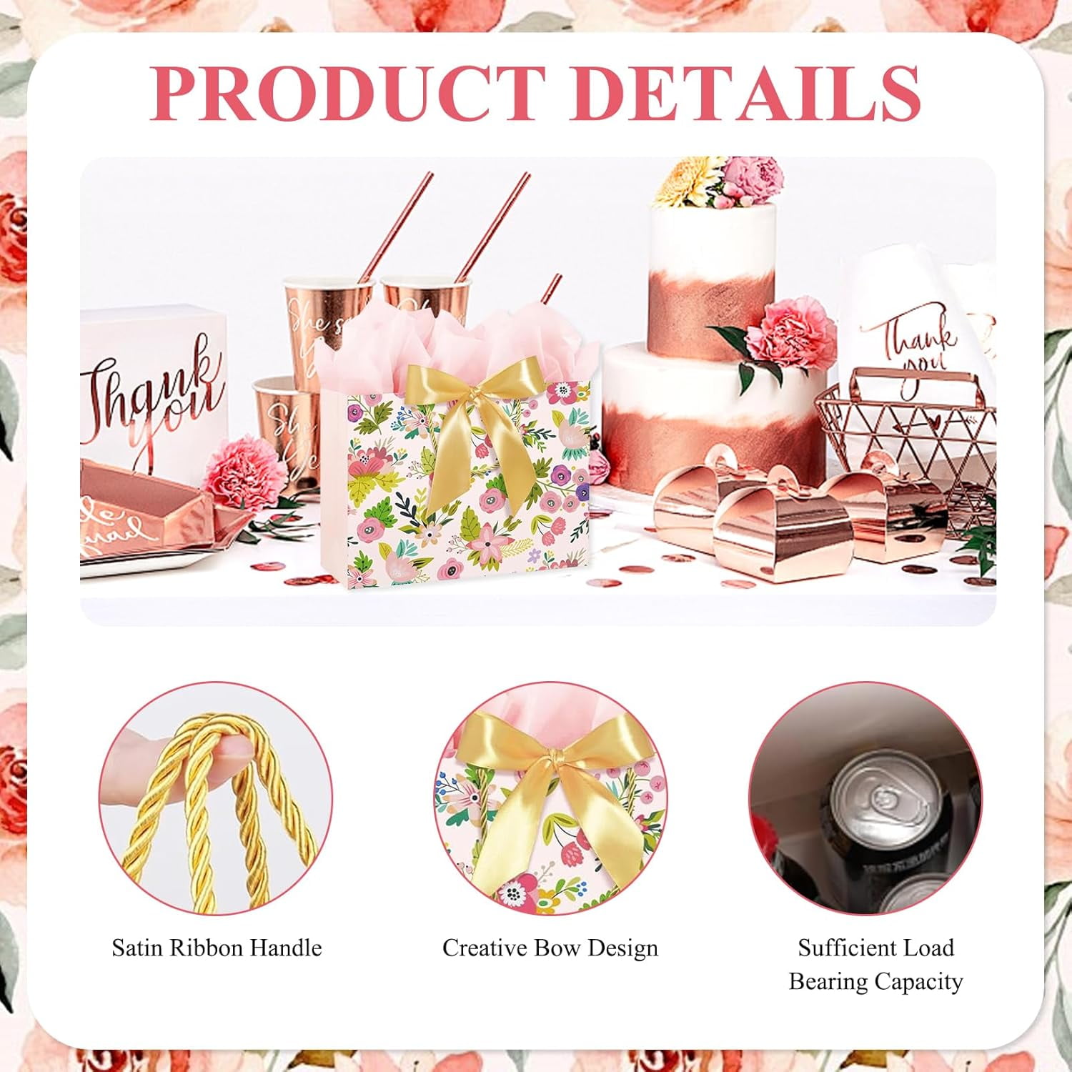 LW Pink Birthday Gift Bag Set with Tissue Paper and Greeting Cards (Floral Design, Medium, 2 Pack) 45zc4