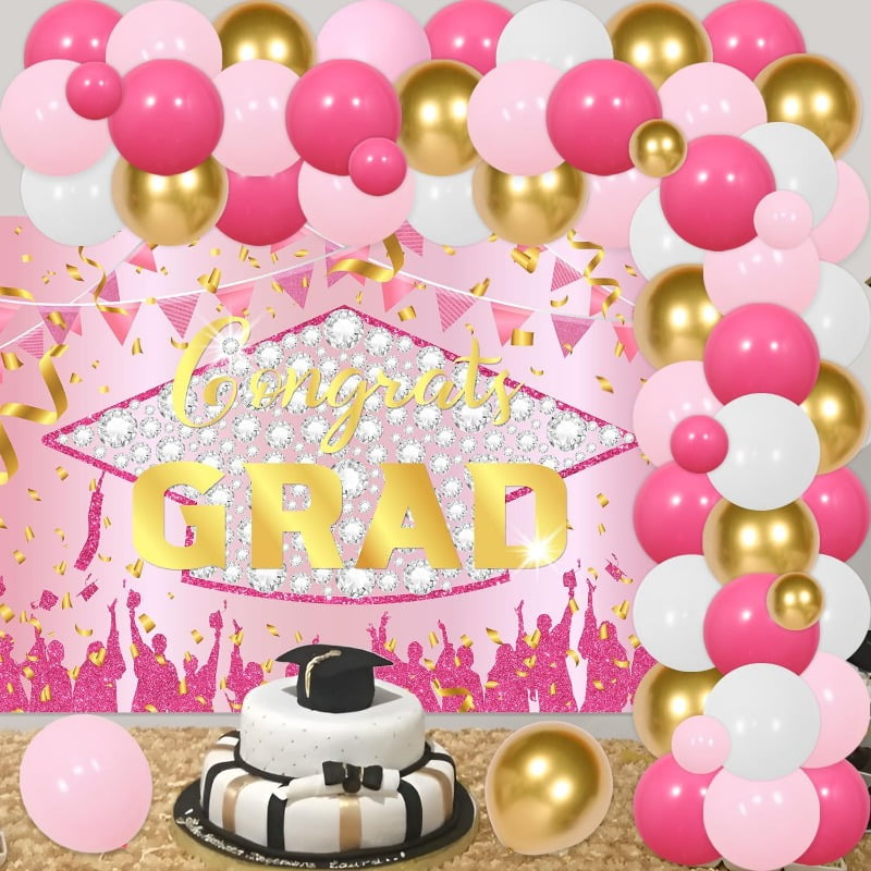Joymemo 71-Piece Graduation Party Decoration Set, Pink and Gold Balloon Garland Arch Kit with Congrats Grad Backdrop (Pink, 71-Piece Set) tq3ya