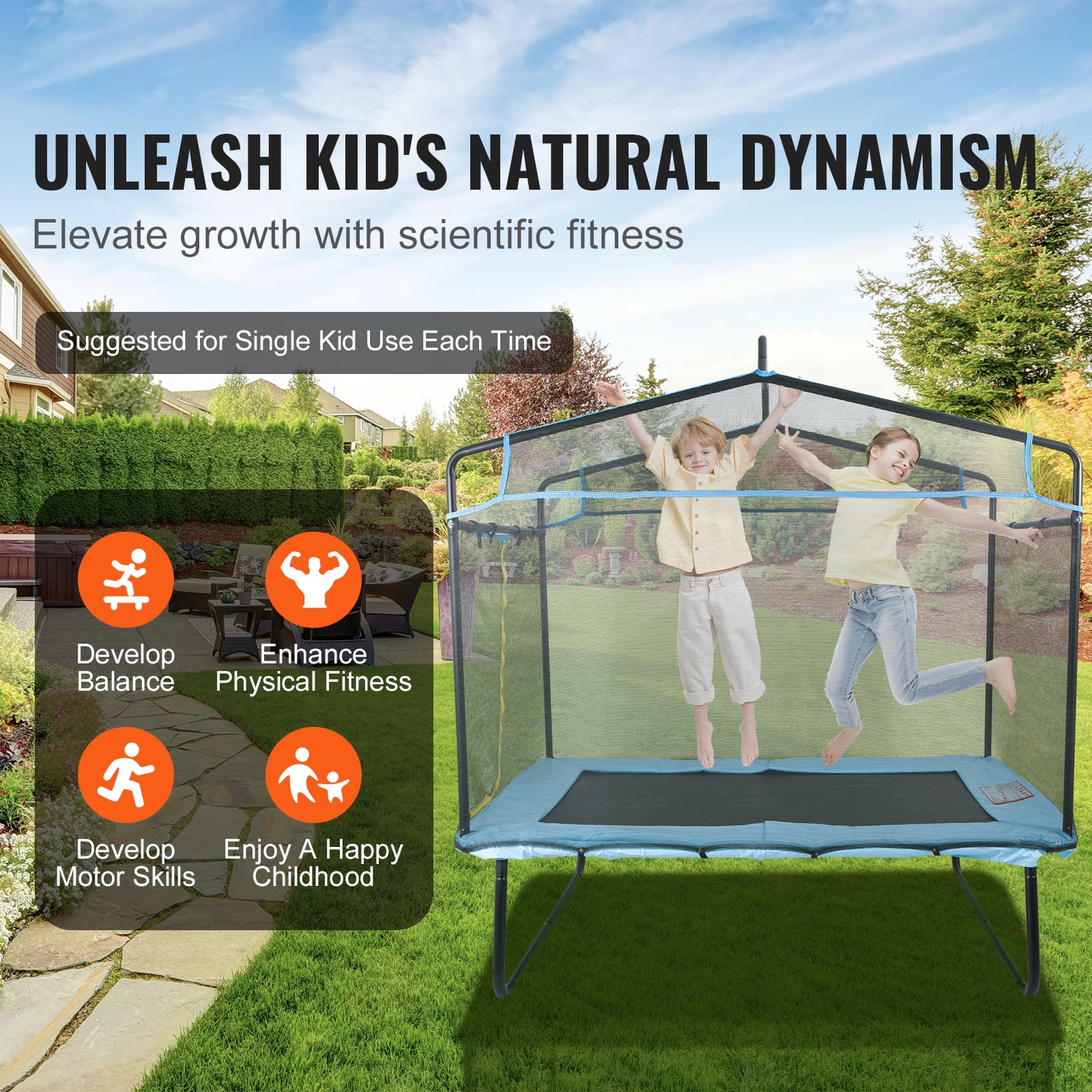 SKYSHALO Kids Trampoline with Enclosure Net and Gymnastics Bar (Blue, 6 ft) 8w30q