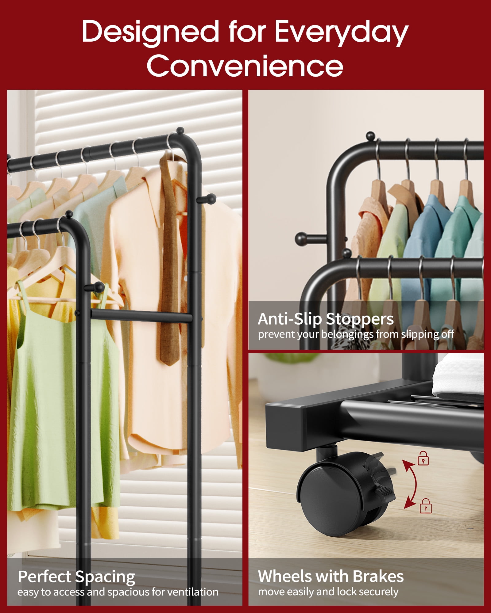 Sakugi Double-Rod Garment Rack with Hooks and Mesh Shelf, Heavy-Duty Rolling Clothing Organizer for Bedroom and Laundry (Black, 32.7 in x 16 in x 59.1 in) zesaf