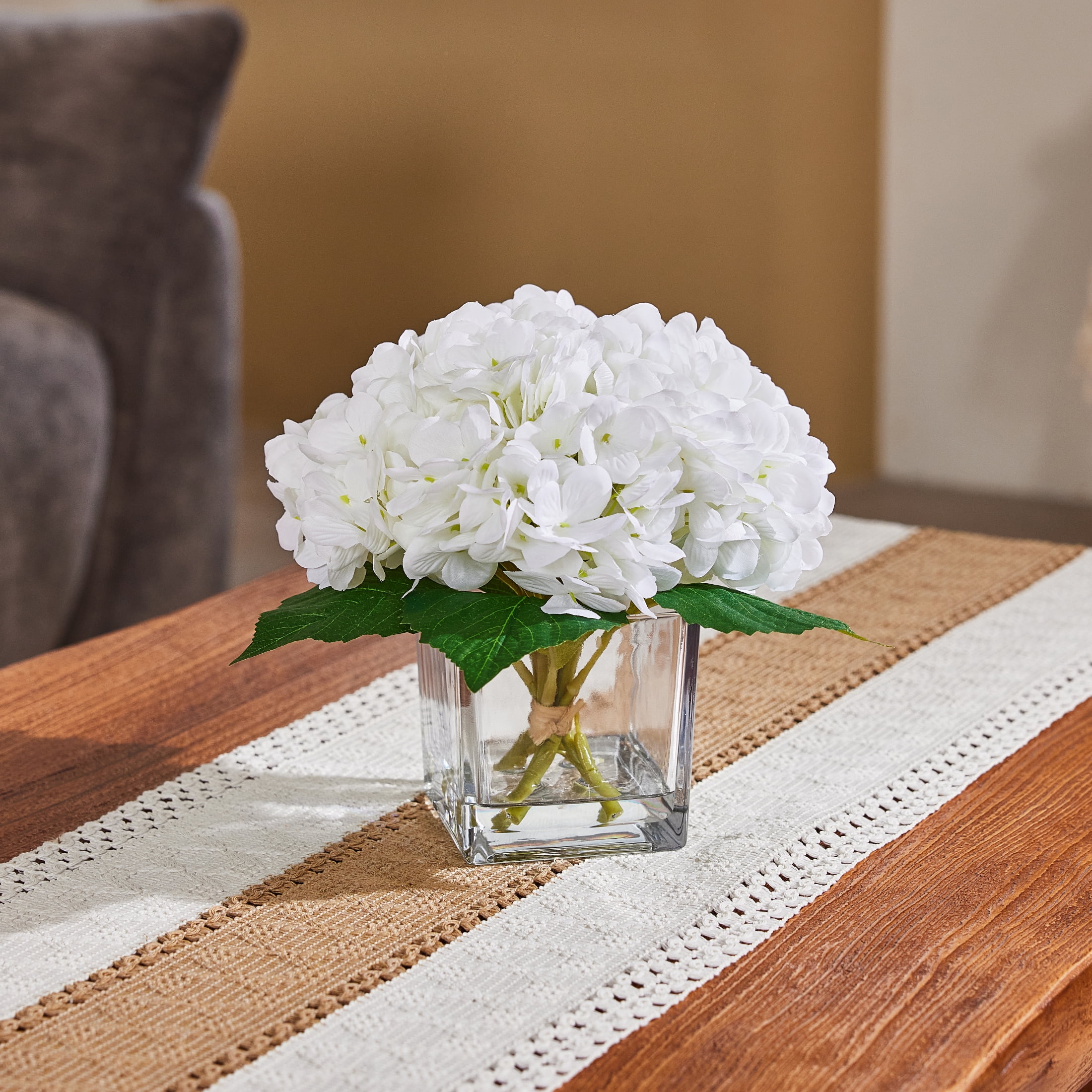 DR.Planzen Artificial White Hydrangea Floral Arrangement in Square Glass Vase (White, 8.3 in) 5zzzj