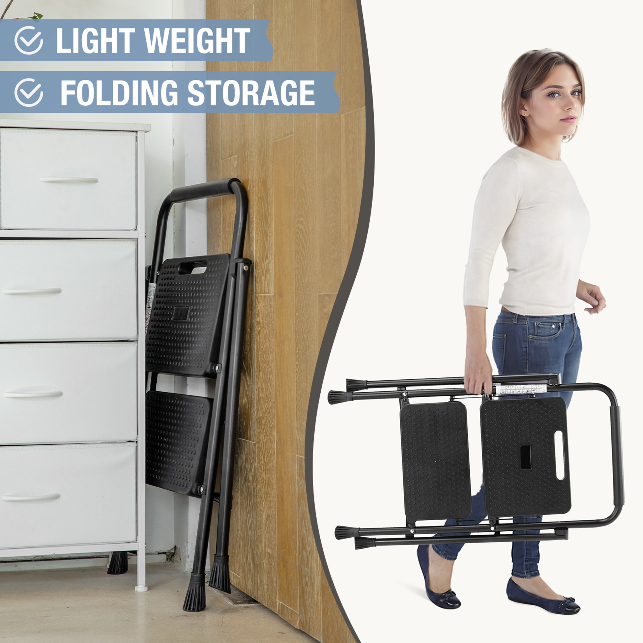 edx 2-Step Folding Ladder, Heavy-Duty Portable Step Stool with Anti-Slip Pedals (Black, 800 lb Capacity) 77dk3