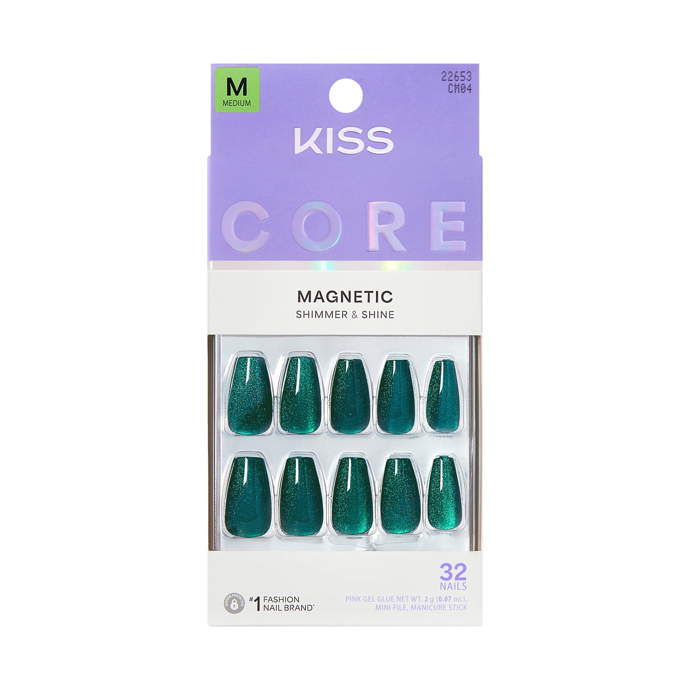Kiss Core Magnetic Press-On Nails, Medium Coffin Shape, Durable Long-Lasting Wear (Green, 32 Pieces) jw7lt