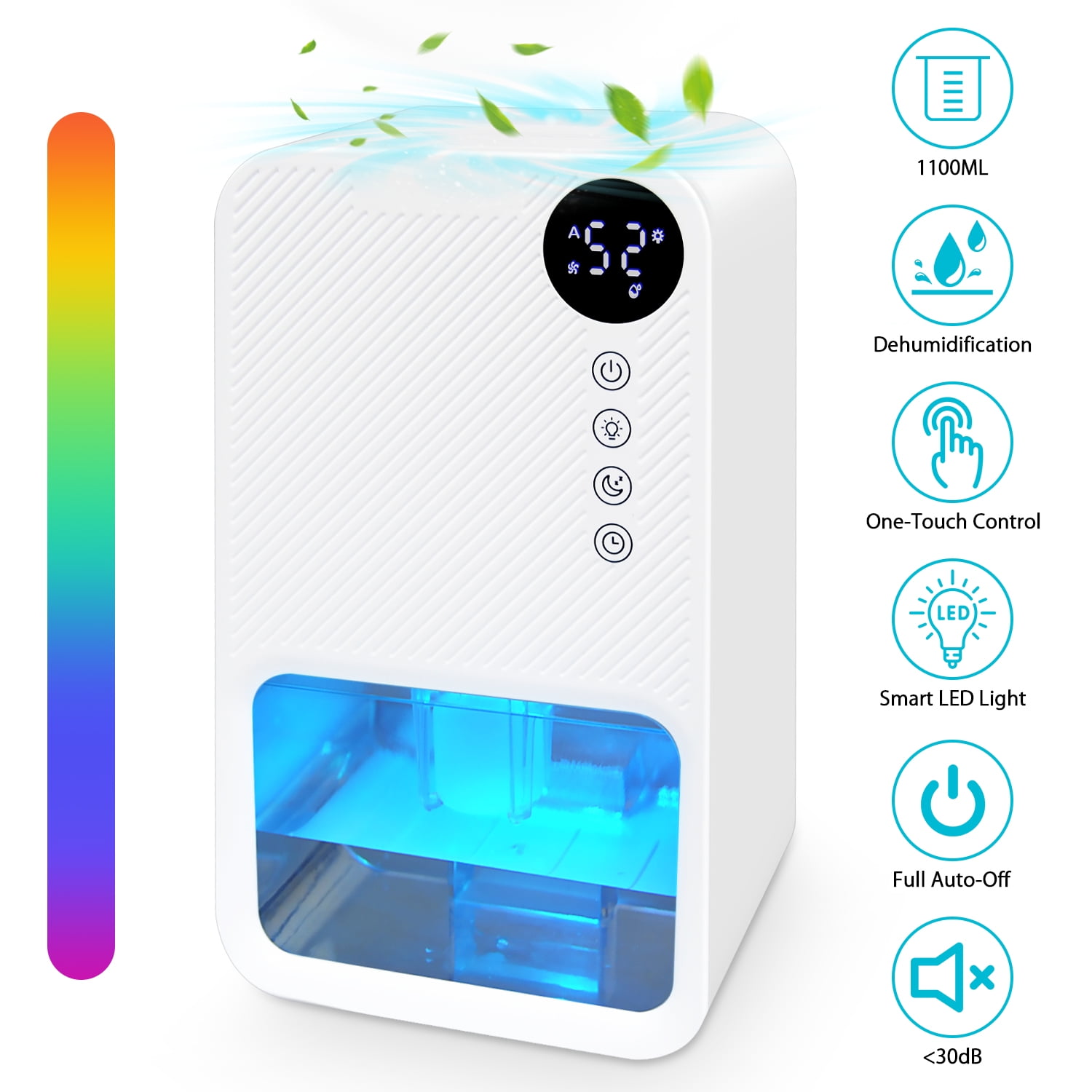 Zacenei Portable Dehumidifier for Home, Quiet Small Room Air Dryer with Auto Shut-Off & 7-Color LED (White) 3vbij