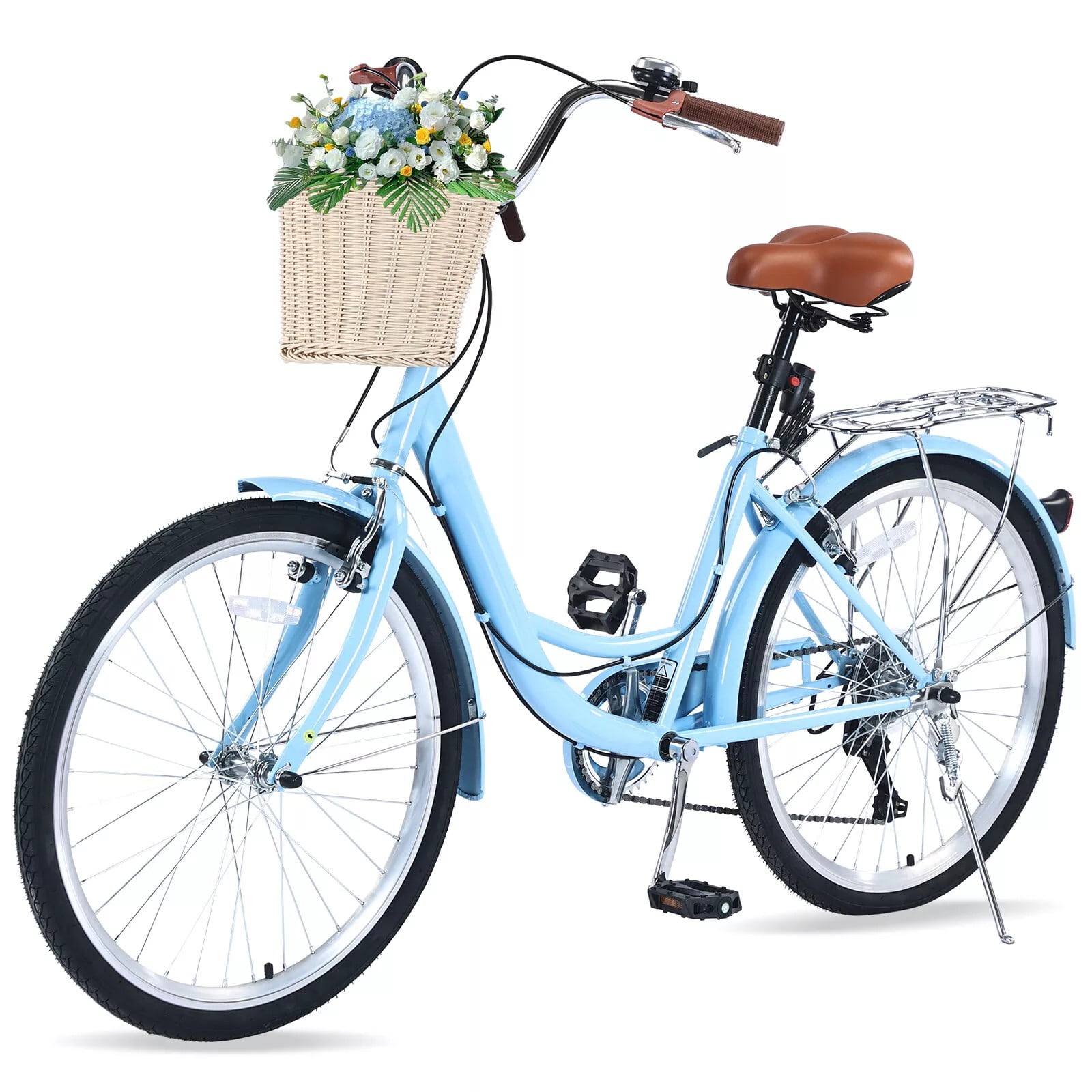 Jacgood 7-Speed Cruiser Bike for Adults, Ergonomic Urban Beach Bicycle with Basket (Light Blue, 26 in) a9l4c