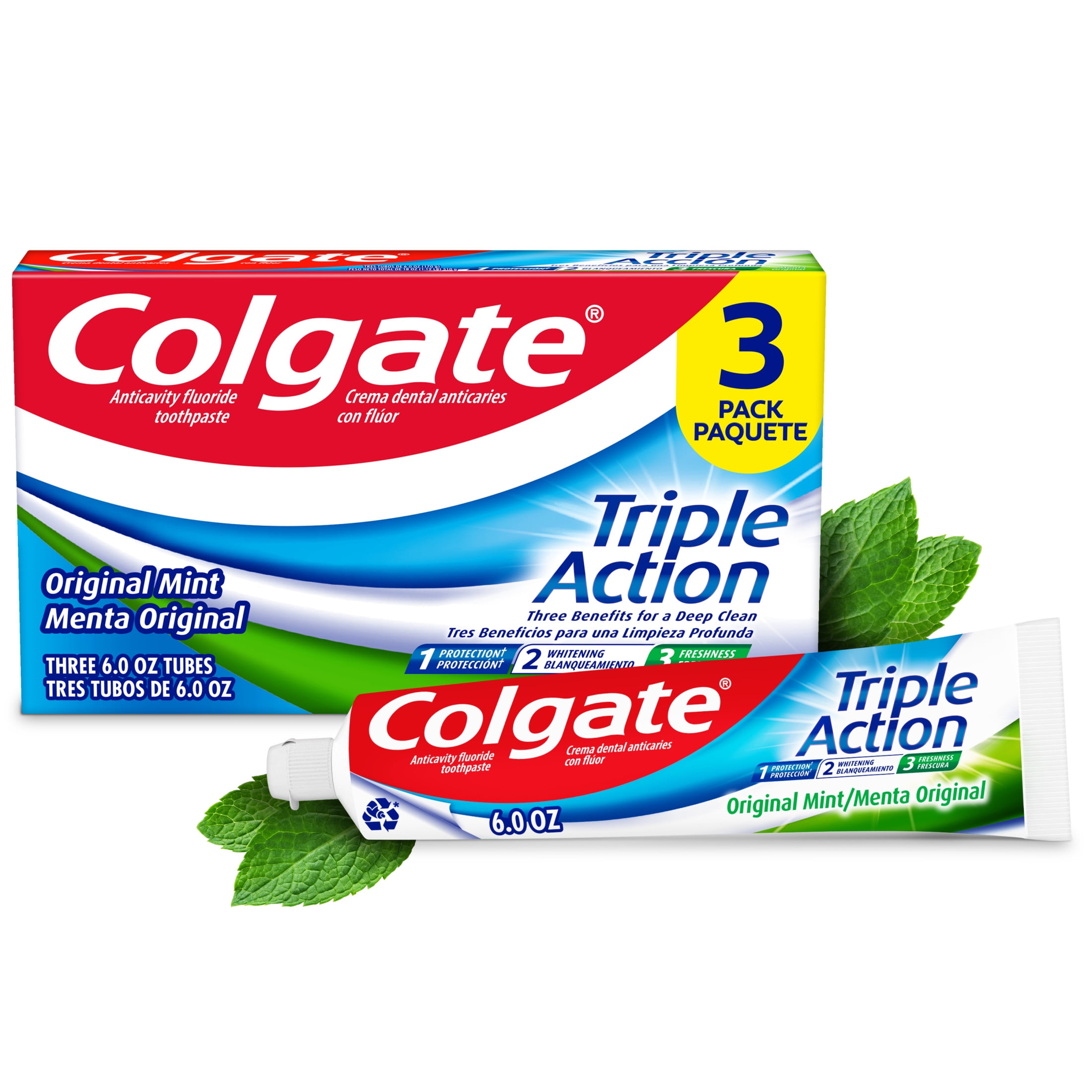 Colgate Triple Action Toothpaste, Cavity Protection and Whitening, Original Mint (6 oz, 3 Pack) o9via
