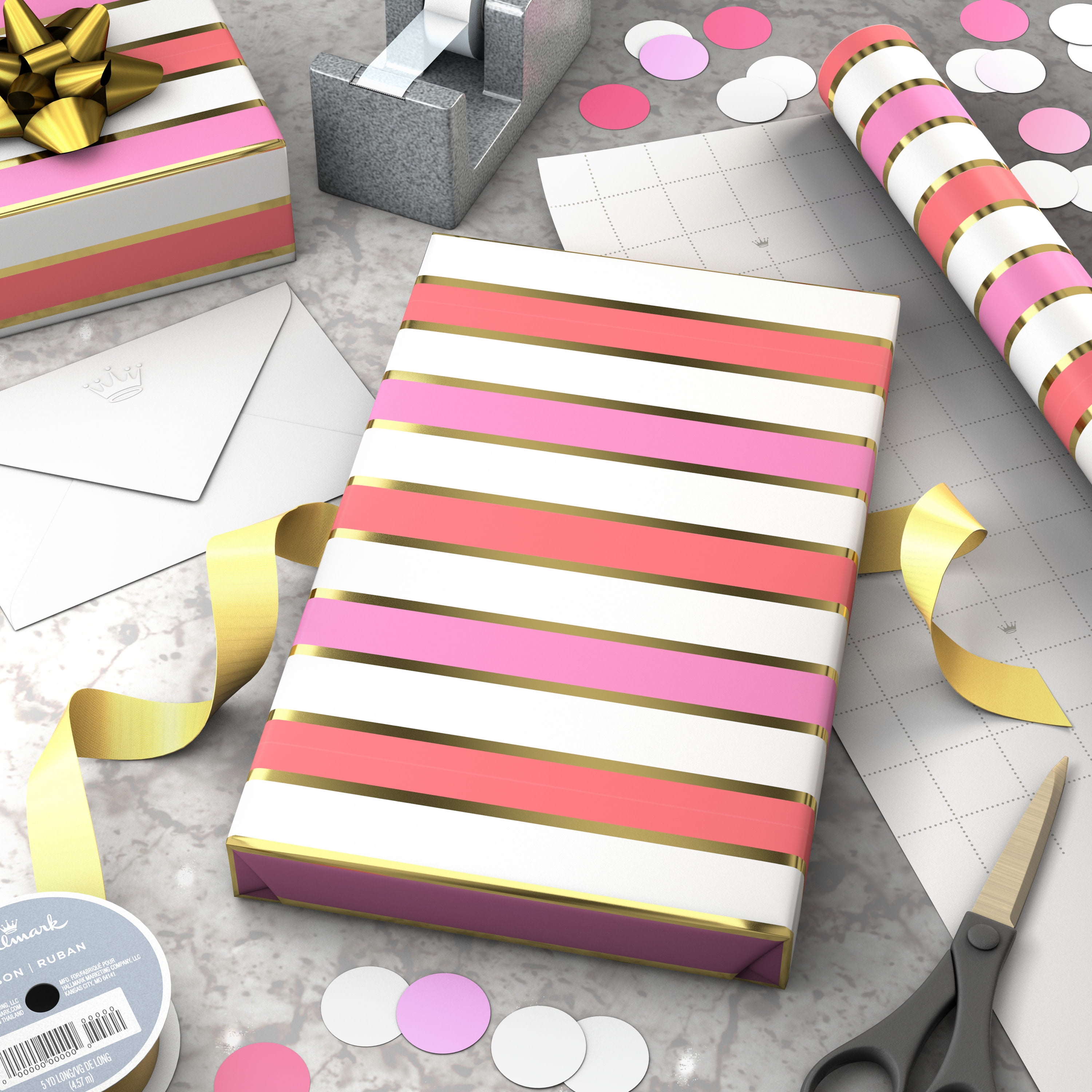 Hallmark Premium Gift Wrapping Paper (Pink and Gold Foil Stripes, 17.5 sq. ft.) j9mes