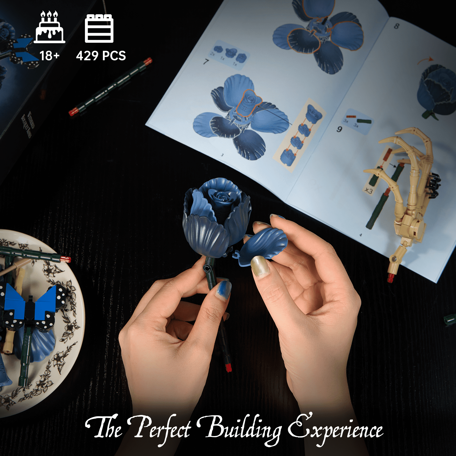 BuildingBoat Skull Bouquet Building Block Set Gothic Rose Flower Decor (Blue, 1 Set) xvpv0