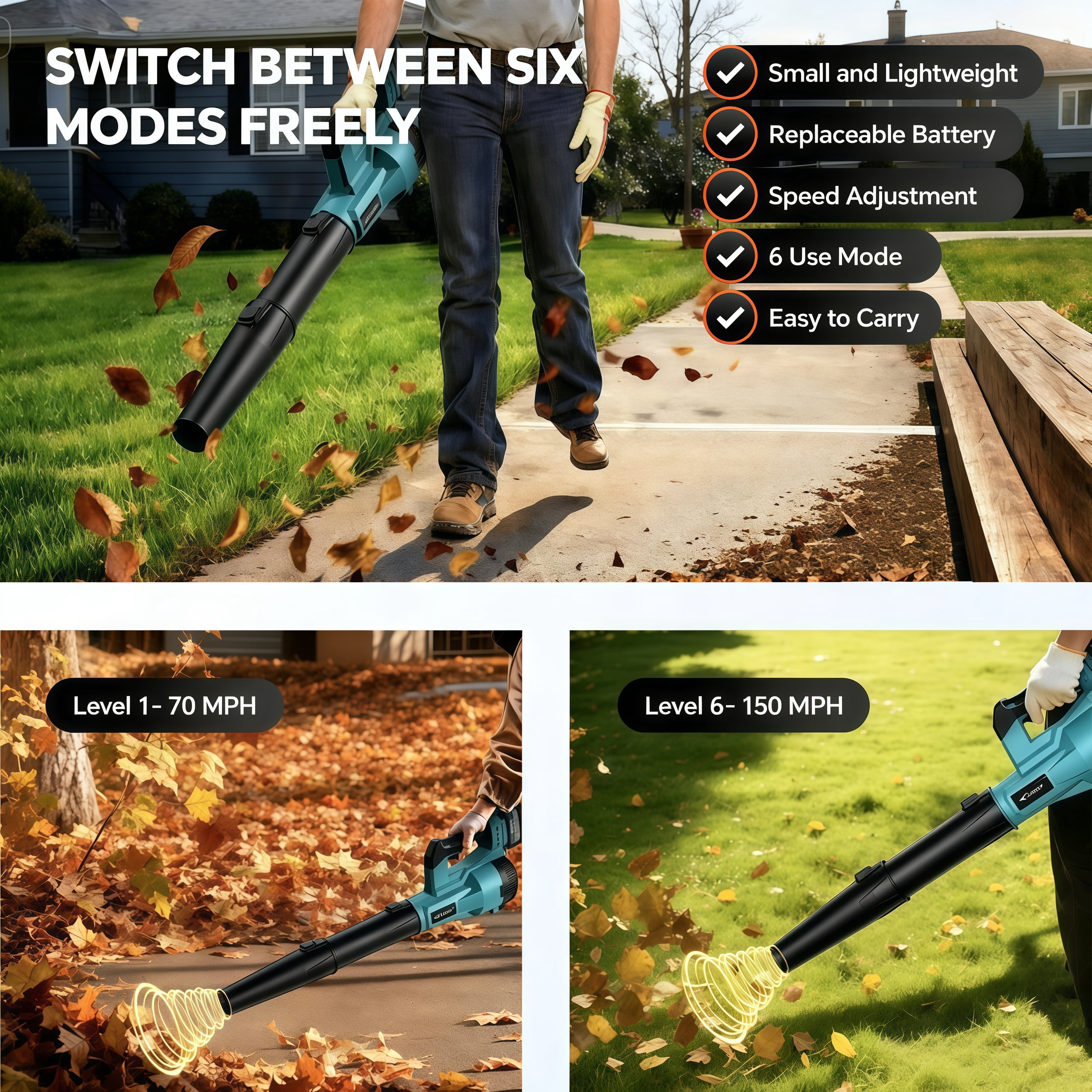 LNOW Cordless Leaf Blower, 6-Speed Electric Power Sweeper for Yard and Garage (680 CFM, 150 MPH, 2 Batteries, 5.73 lb) lptib