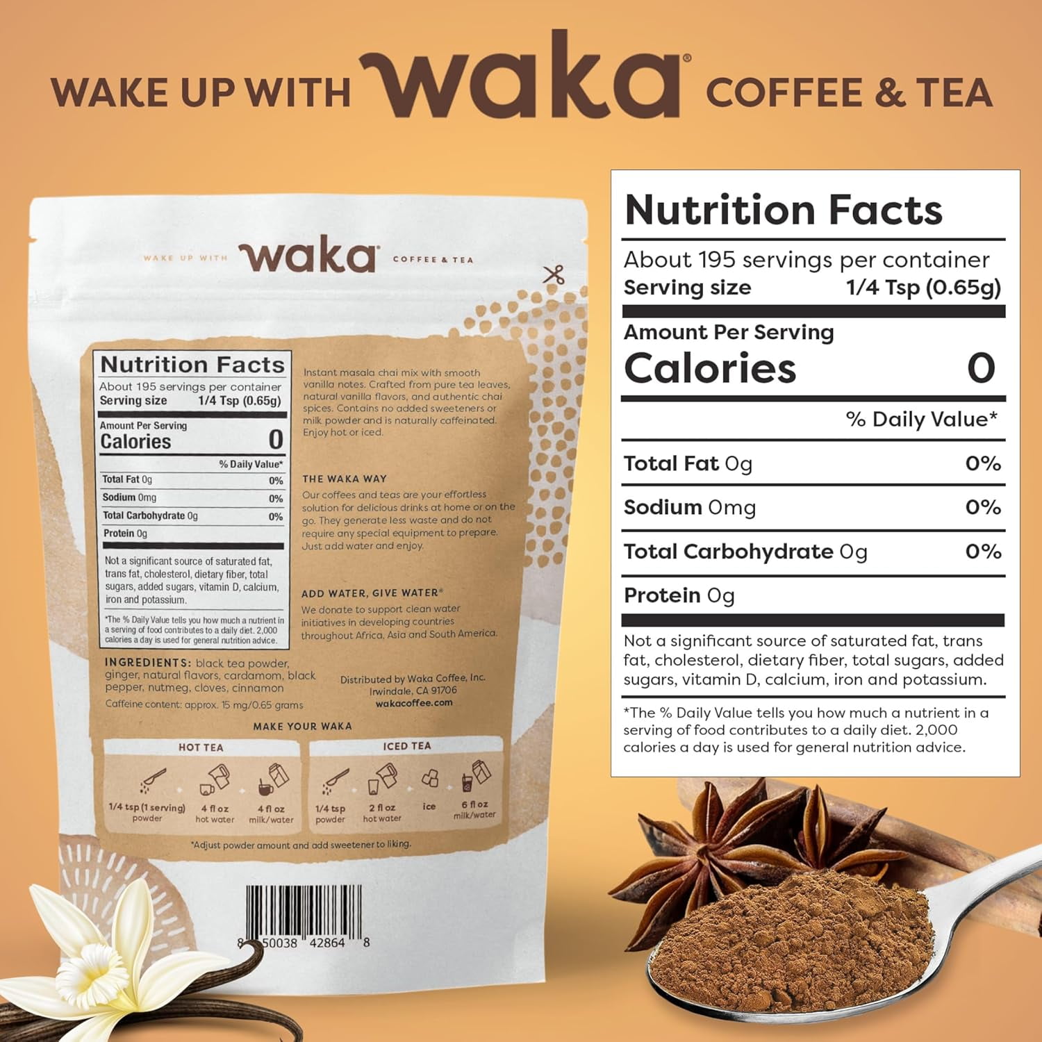 Waka Coffee & Tea Vanilla Chai Tea Mix, Instant Unsweetened Powder with Natural Spices (4.5 oz) hl7ye