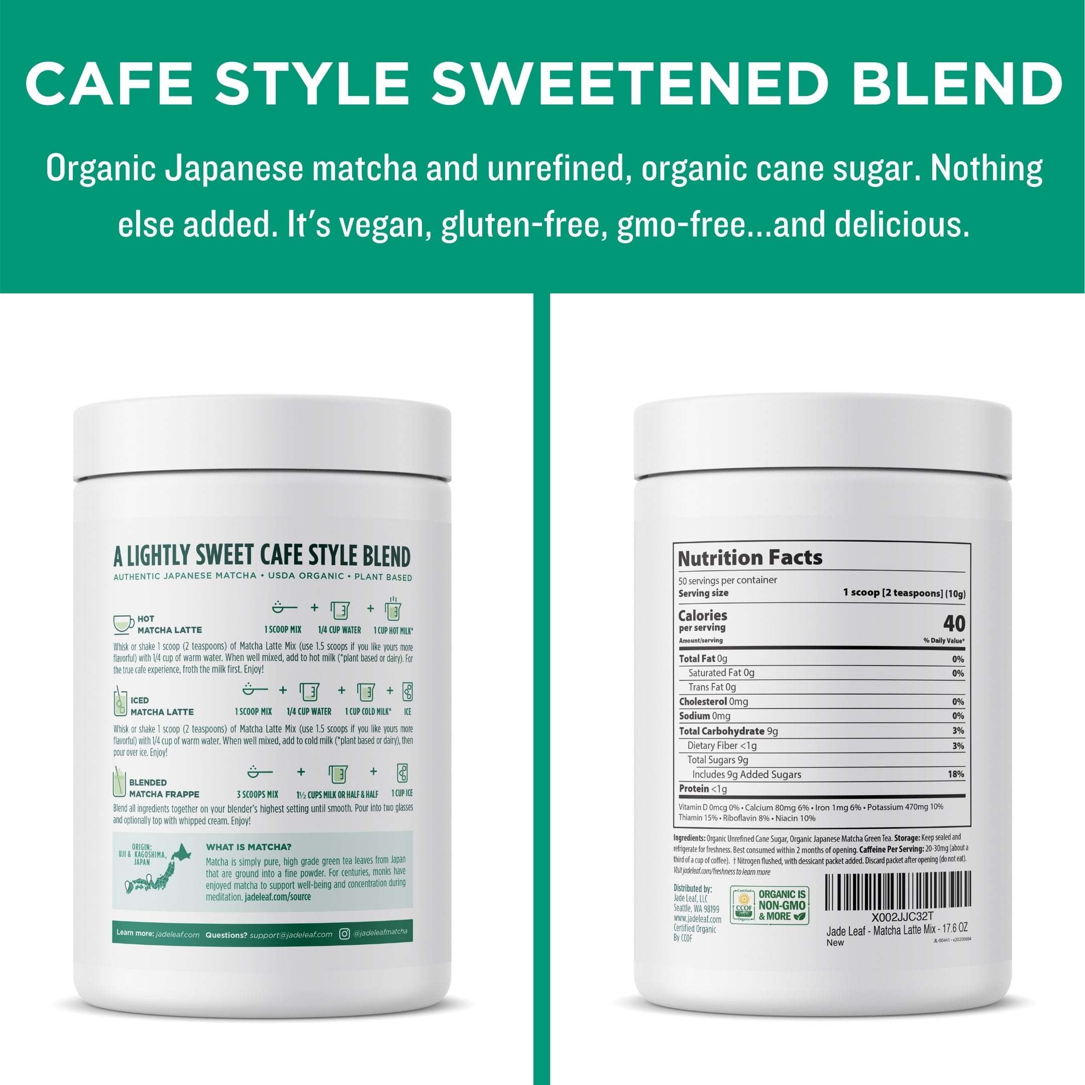 Jade Leaf Organic Matcha Latte Mix, Dairy-Free Green Tea Powder, Cafe-Style Drink Blend (Green, 17.6 oz) 180mr
