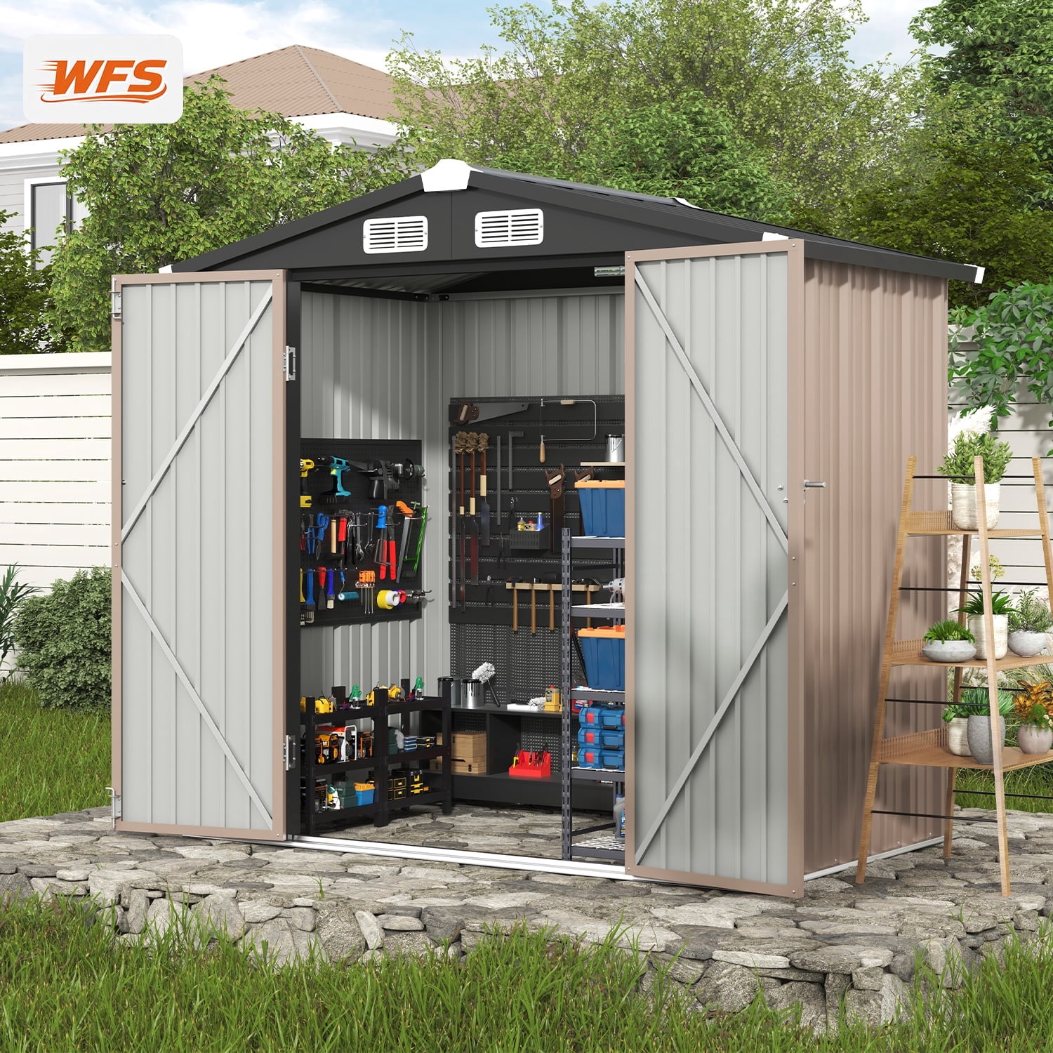 Clouddwell Outdoor Storage Shed, Heavy-Duty Metal Garden Shed with Lockable Doors (Brown, 6 ft x 4 ft) zh4dj