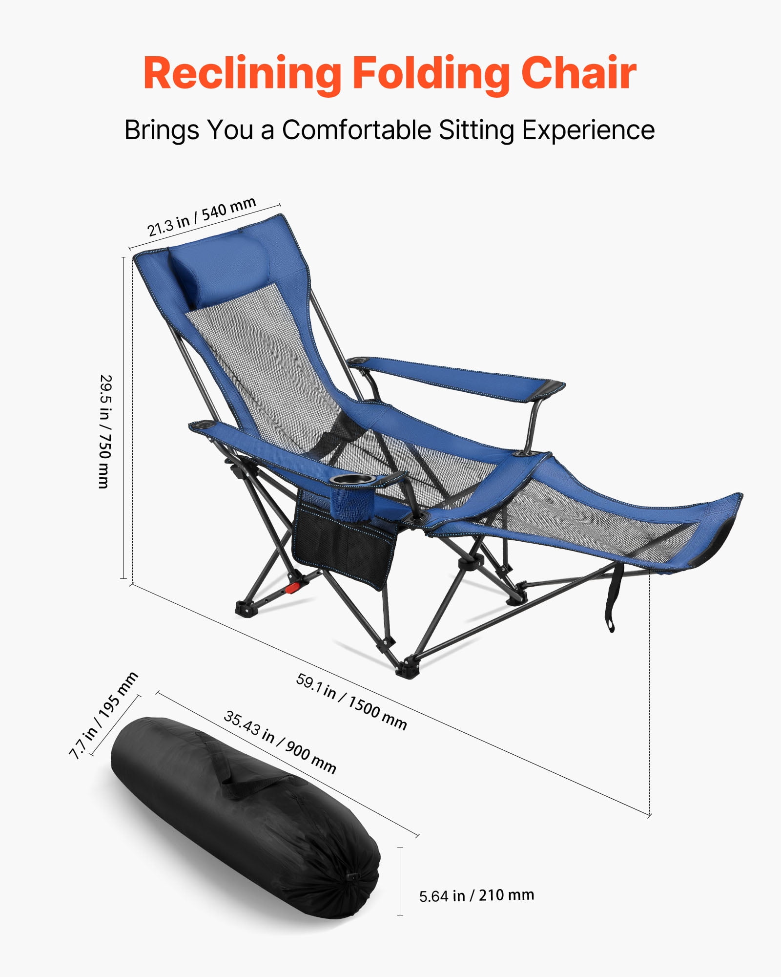 VEVOR Reclining Camping Chair, Portable Folding Lounger with Headrest and Foot Rest (Blue, 220 lb Capacity) q3ppj