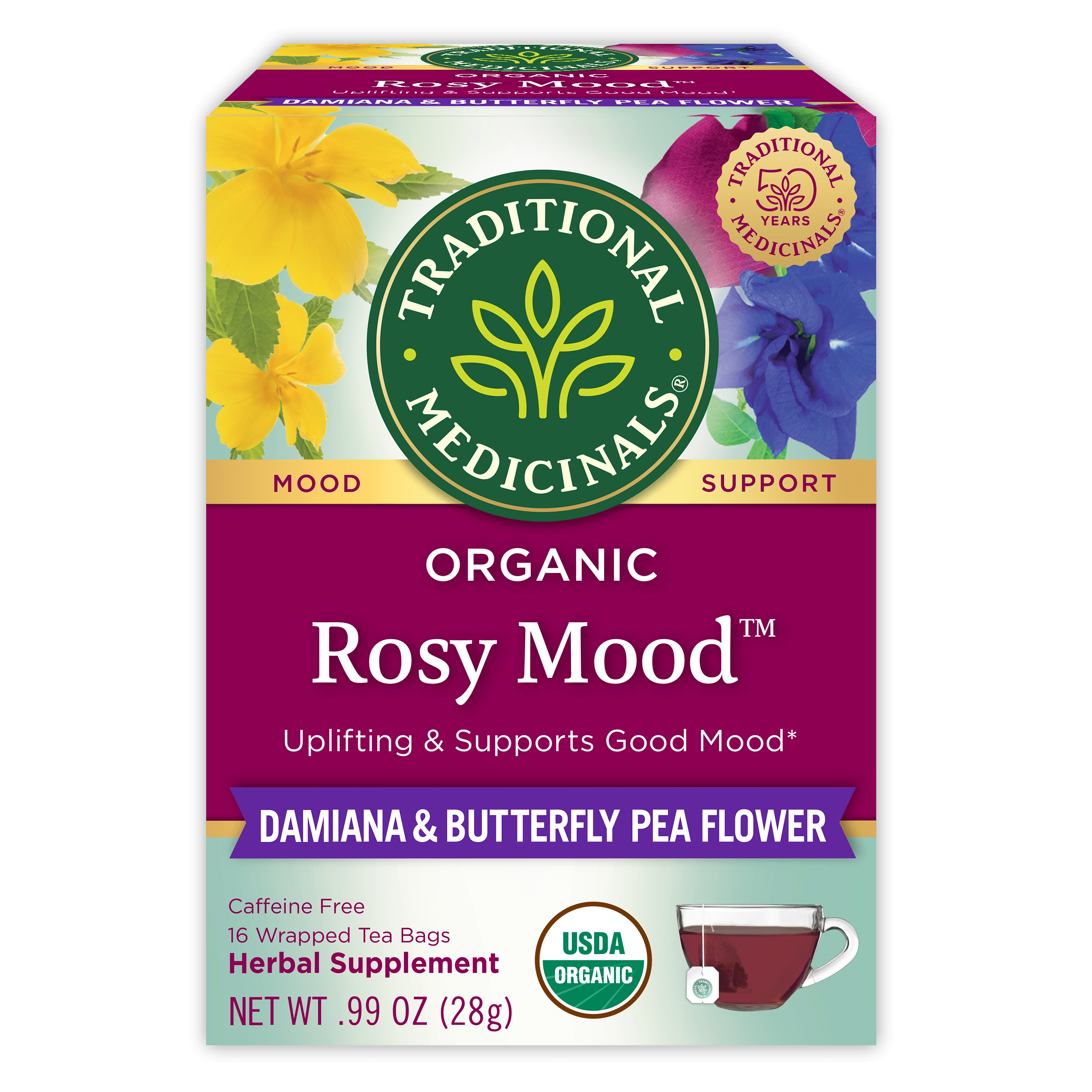 Traditional Medicinals Organic Rosy Mood Herbal Tea, Caffeine-Free Wellness Blend (16 Count) t8u00