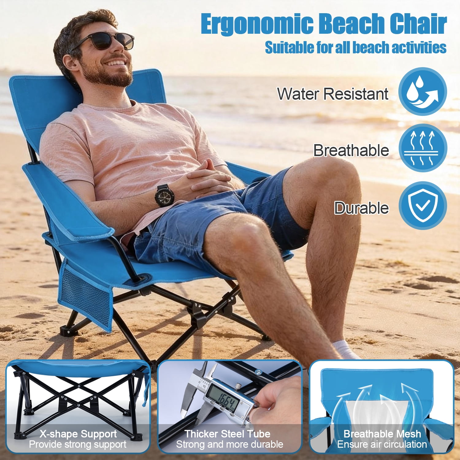 Walchoice Folding Beach Chair with Adjustable Umbrella (2 Pack, Blue, 30.7 in Wide Seat) nd0as