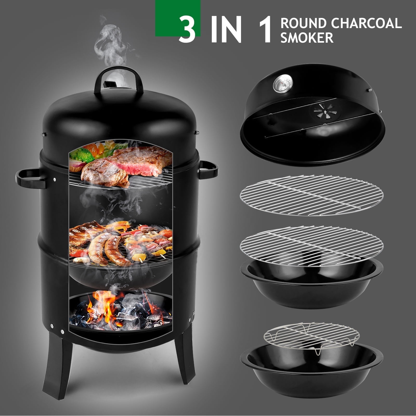 Seizeen 16 in 3-in-1 Charcoal Smoker and Grill, Portable Outdoor BBQ Fire Pit with Double-layer Design (Black, 16 in) ad42i