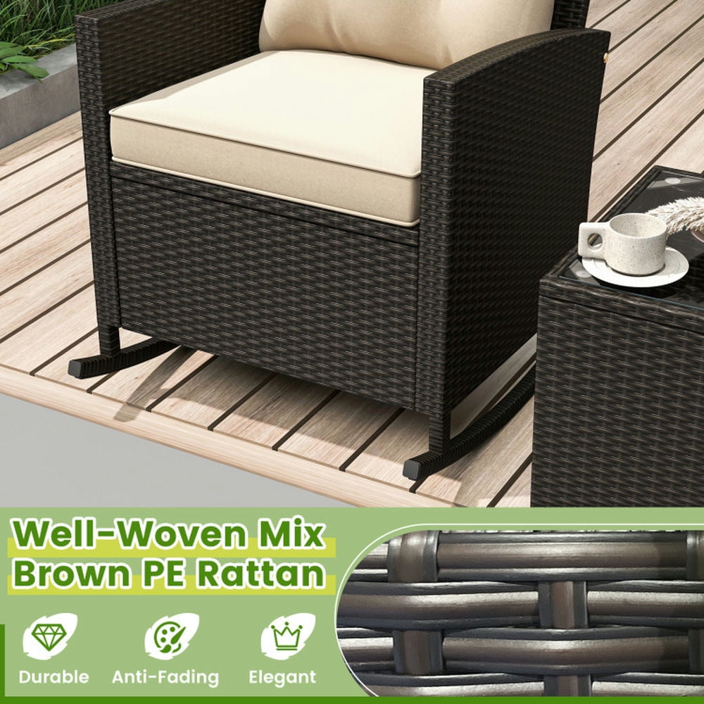 Barara King 3-Piece Outdoor Patio Rattan Rocking Chair Set with Tempered Glass Table and Cushions (Beige, 31.5 in x 26 in x 31.5 in) msh7w