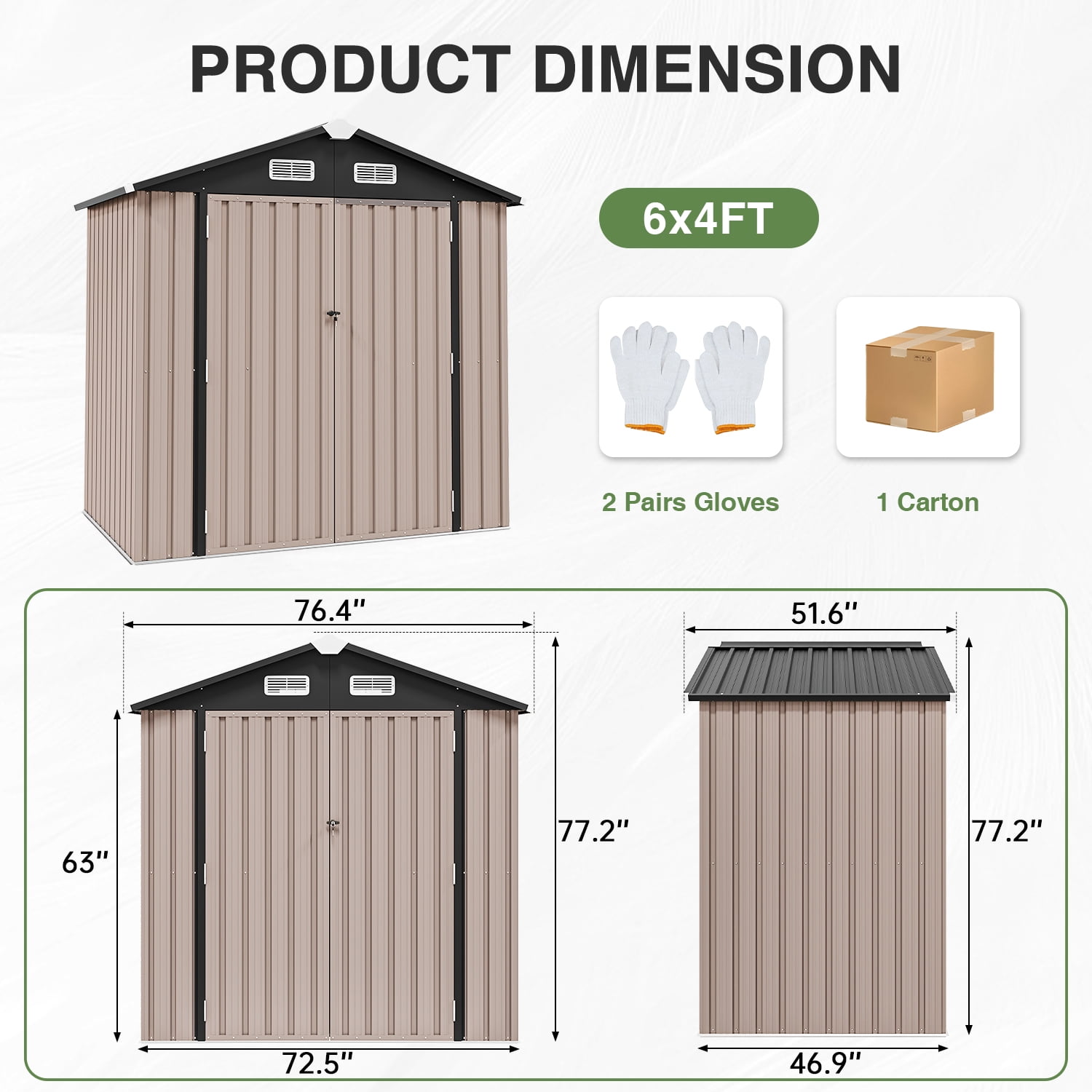 Sunmthink Outdoor Storage Shed, Galvanized Steel Tool Shed with Lockable Door and Vents (Brown, 6 ft x 4 ft) yl3su