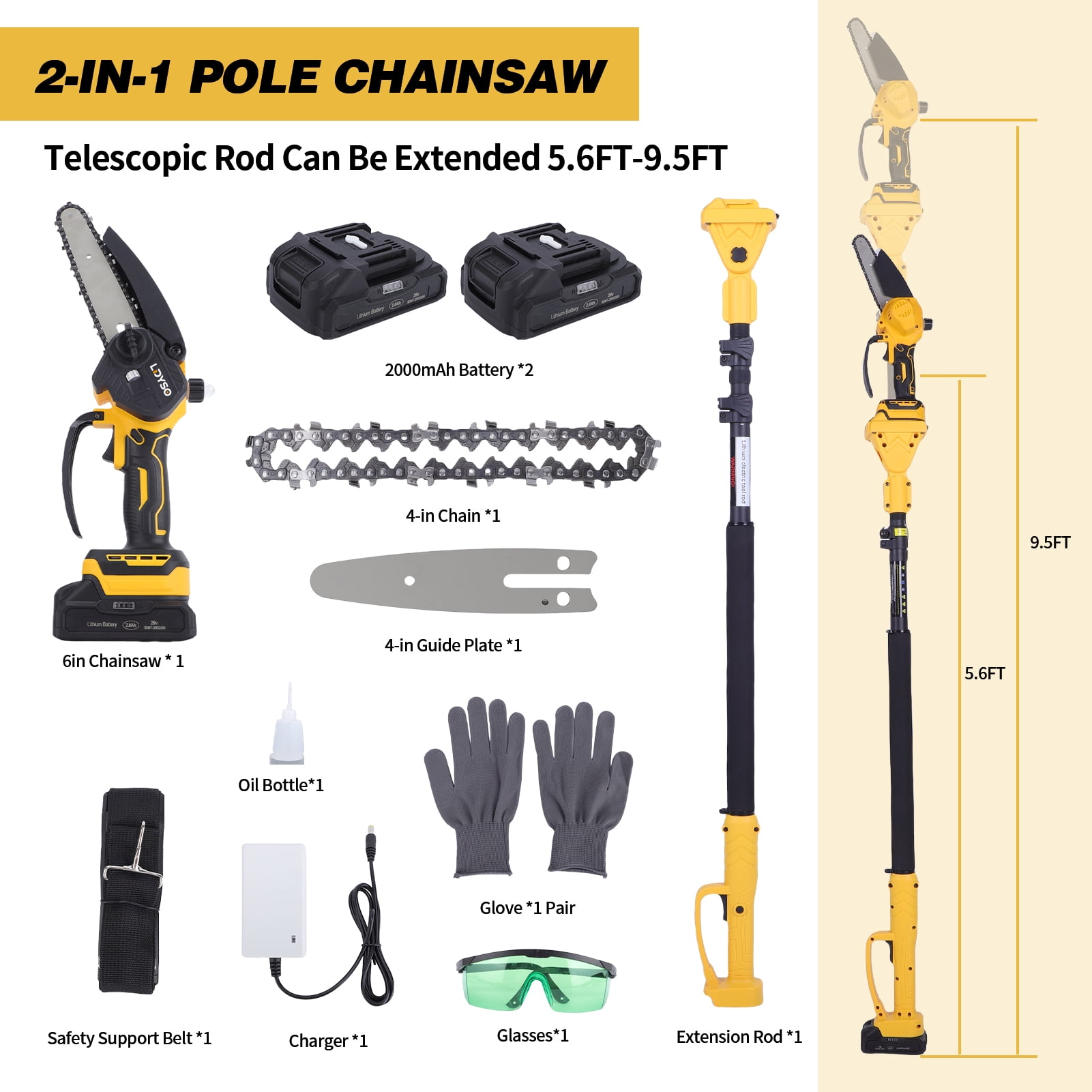 Ldyso 2-in-1 Cordless Pole Saw and Mini Chainsaw Set, Adjustable Extension Rod for Tree Trimming (Yellow, 15.5 ft) zp8m5