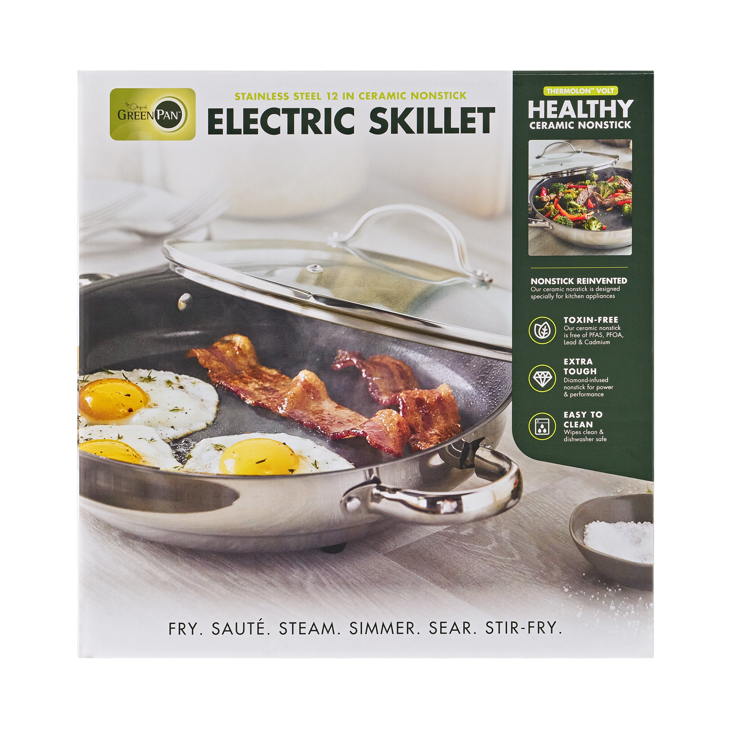 GreenPan Stainless Steel Electric Skillet with Ceramic Nonstick Coating (Silver, 12 in, 3.3 qt) 9en3k
