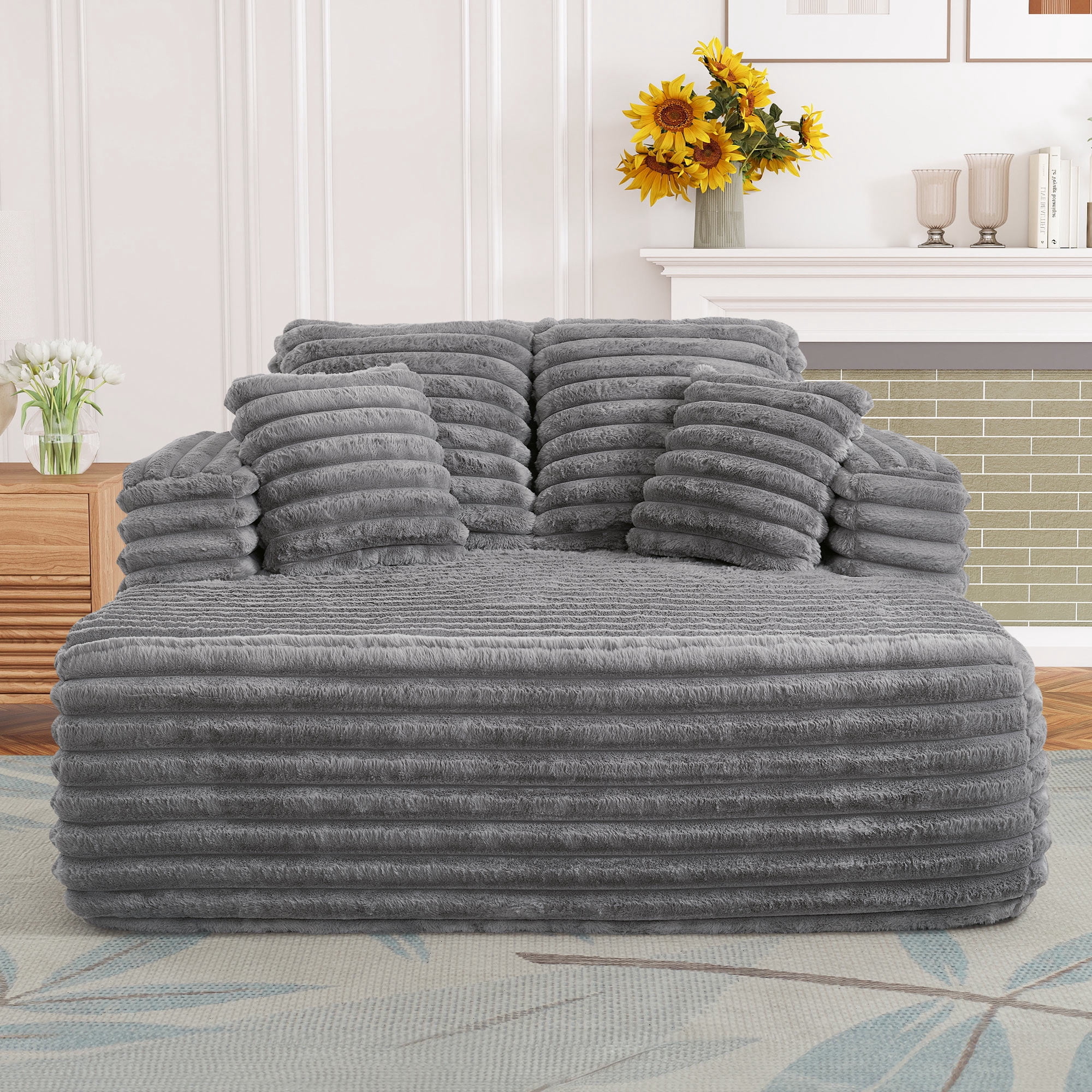 Muumblus Oversized Chaise Lounge Chair, Plush Corduroy Upholstered Sleeper Sofa for Living Room (Grey, 60 in x 40 in) gjbc4