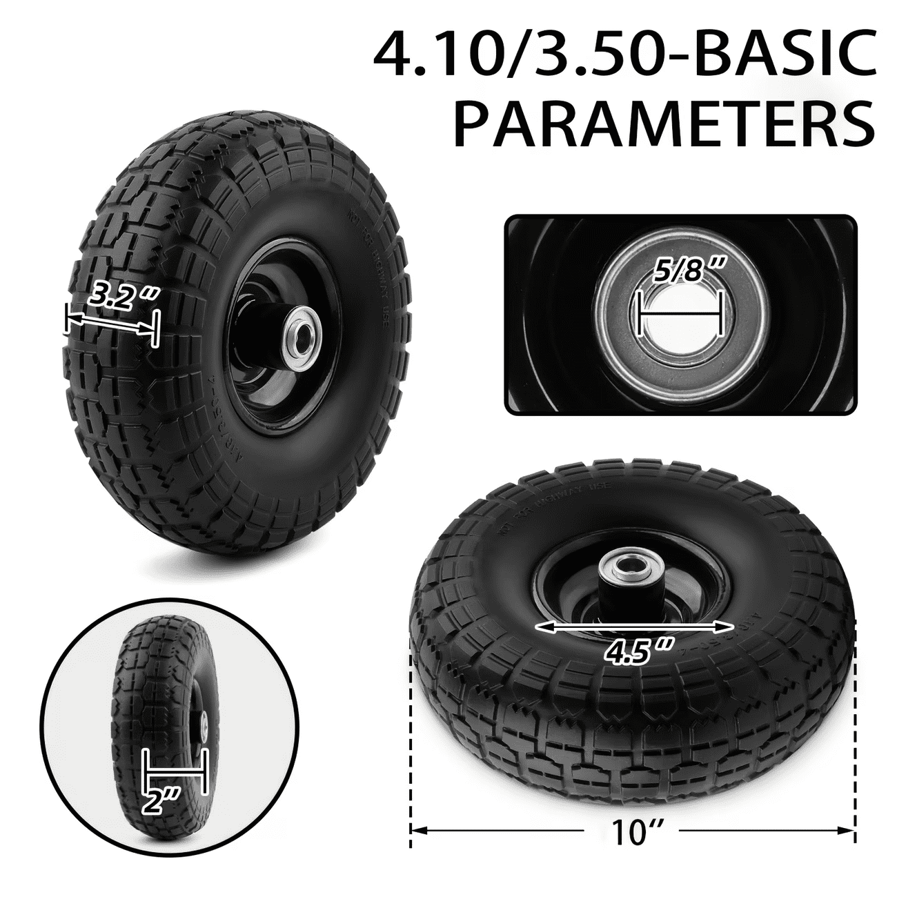 LIALEX 10-Inch Solid Rubber Replacement Wheels for Utility Carts and Hand Trucks (2-Pack, 3.50-4 Tire Size, 5/8-Inch Bearings) 1gb90