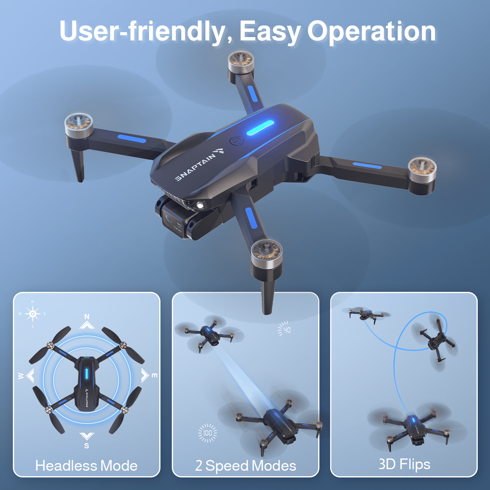 SNAPTAIN S5C WiFi FPV Drone with 720P HD Camera, Voice and Gesture Control, RC Quadcopter for Beginners (Black, 13.4 x 13.4 x 3.7 in) 469i8