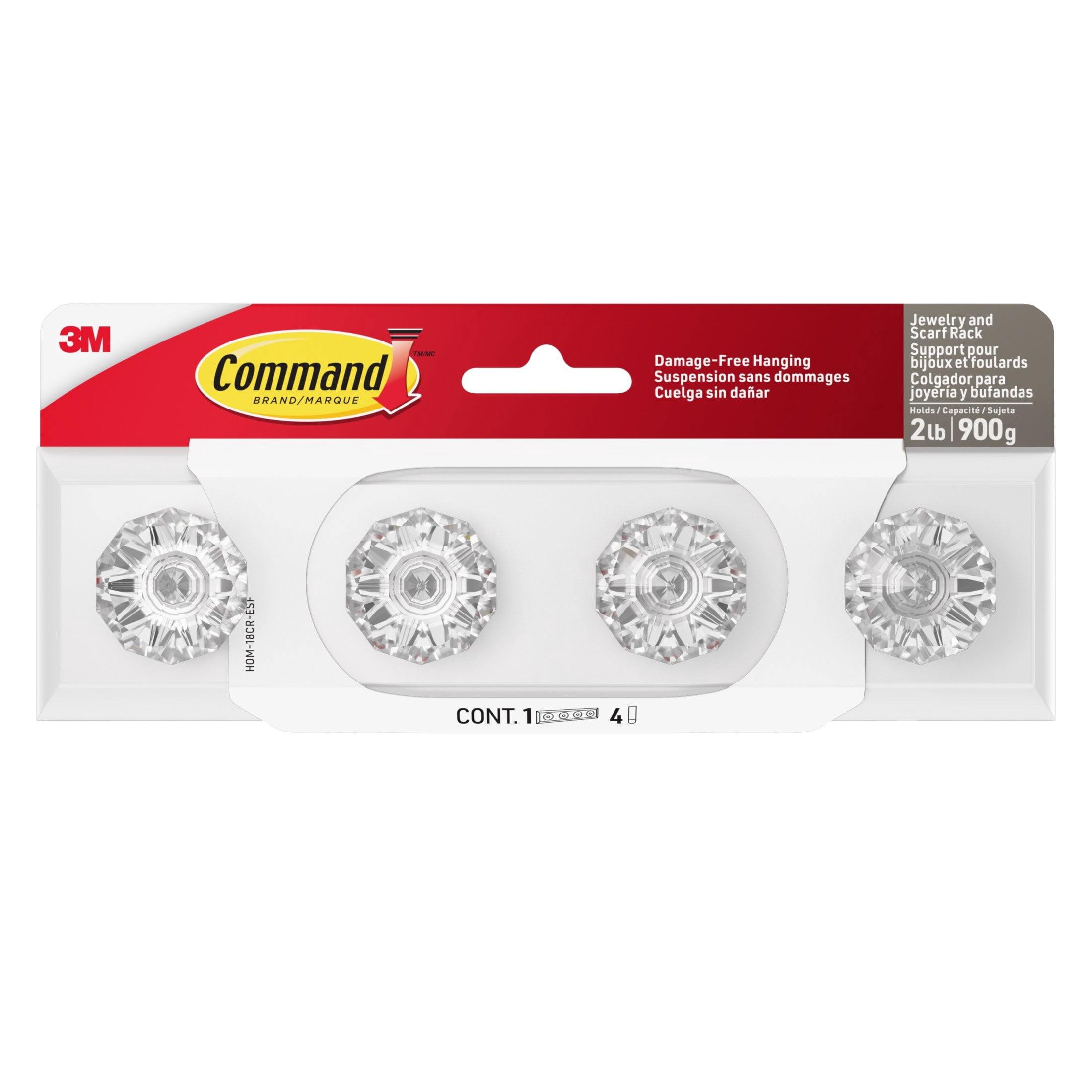 Command Crystal Knob Wall Rack (White, 1 Rack with 4 Adhesive Strips) nds9d