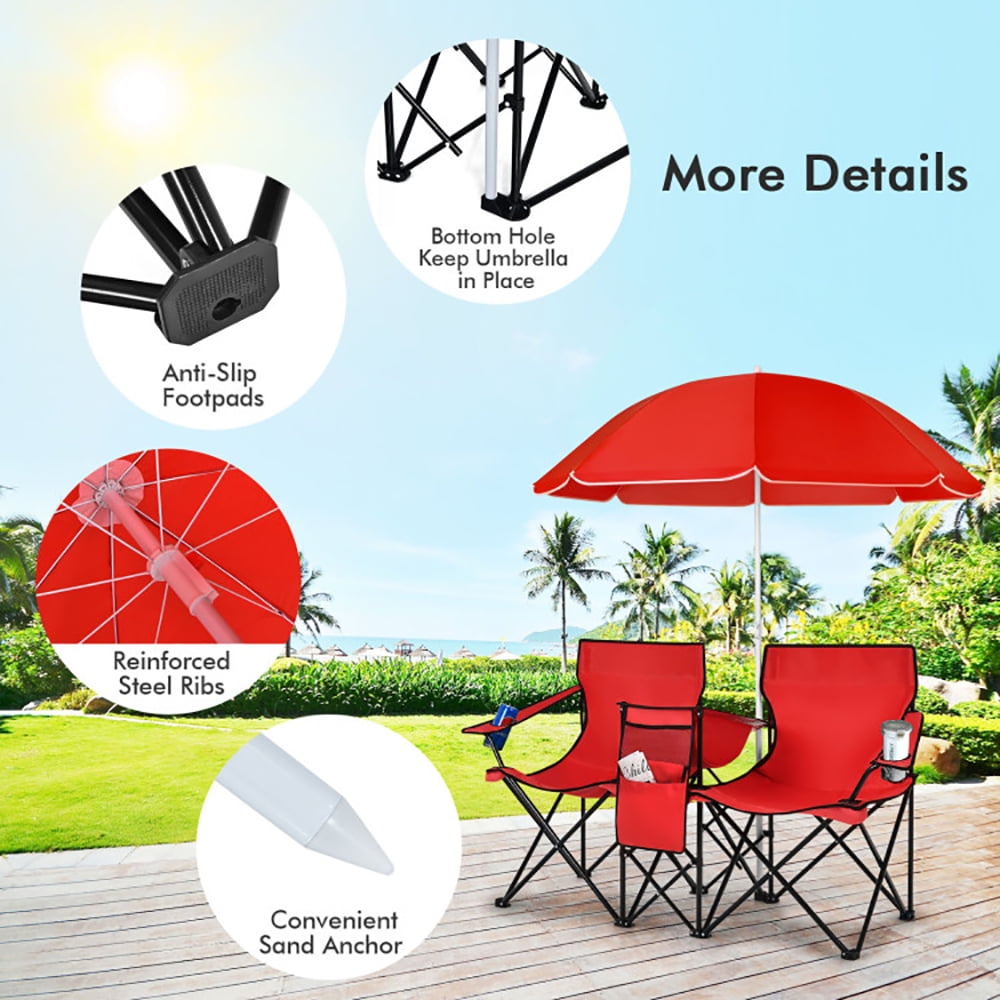 Aimee Lii Double Folding Picnic Chair with Umbrella, Outdoor Camping Loveseat with Cooler Bag and Beverage Holders (Red) sqkca
