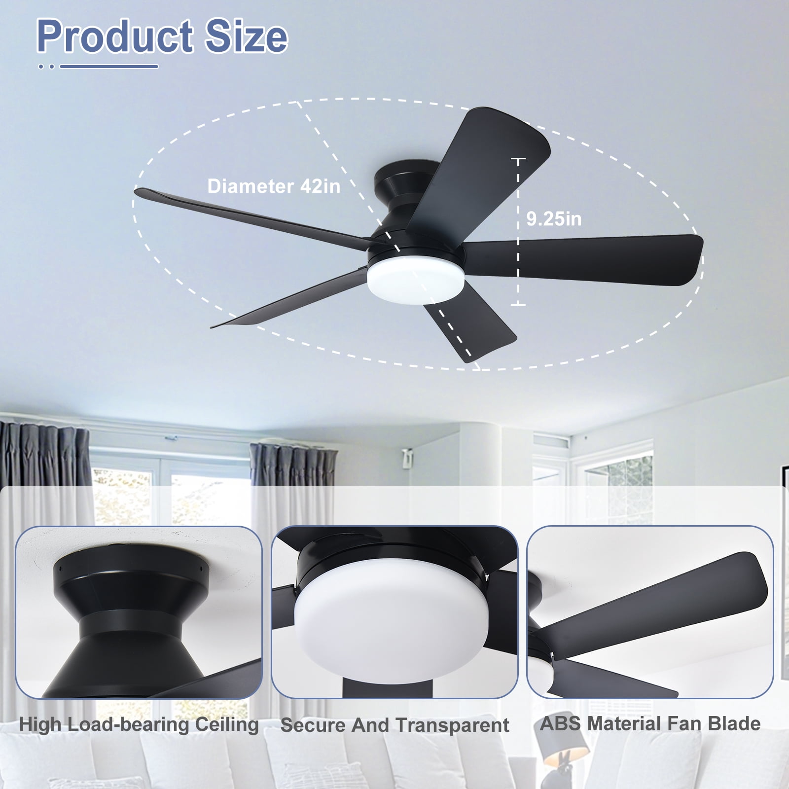 Depuley 42-Inch Low Profile Ceiling Fan with Dimmable LED Light, Quiet DC Motor, Remote Control (Black, 42 in) 7fr22