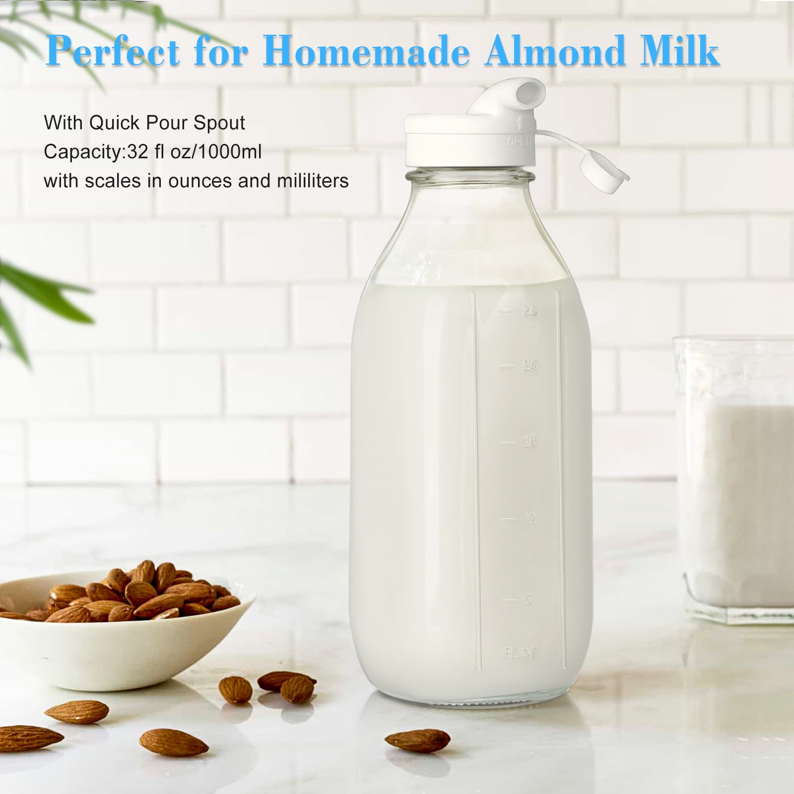 Syntic Reusable Glass Milk Pitcher with Dispenser Caps and Airtight Screw Lids (Clear, 32 oz, 2 Pack) 35oqr
