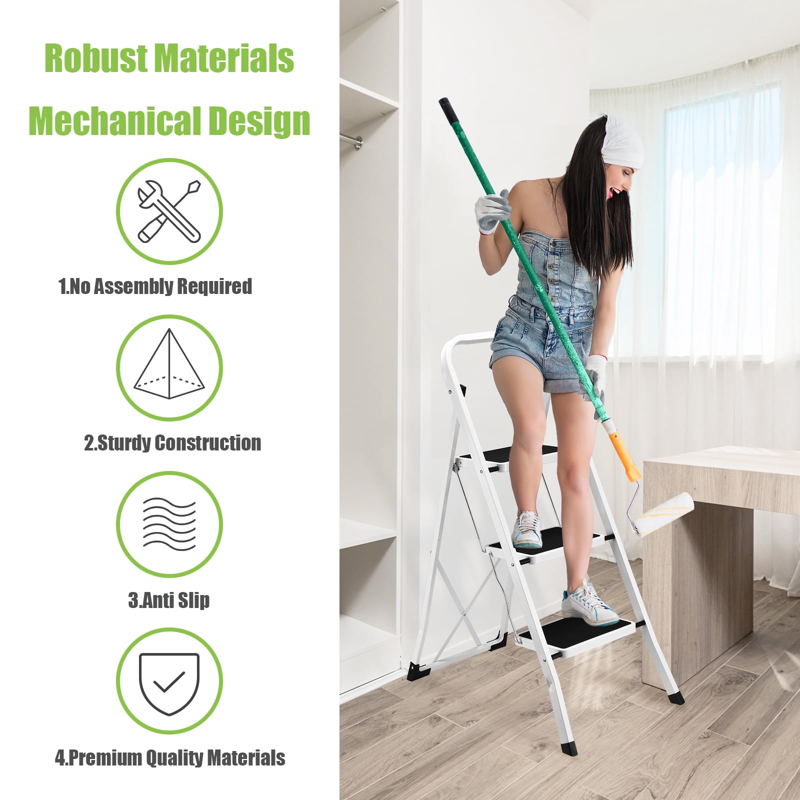 HBTower 3 Step Ladder, Folding Step Stool with Anti-Slip Pedals and Handrails, Heavy-Duty Steel Frame (White, 330 lb Capacity) ydqro