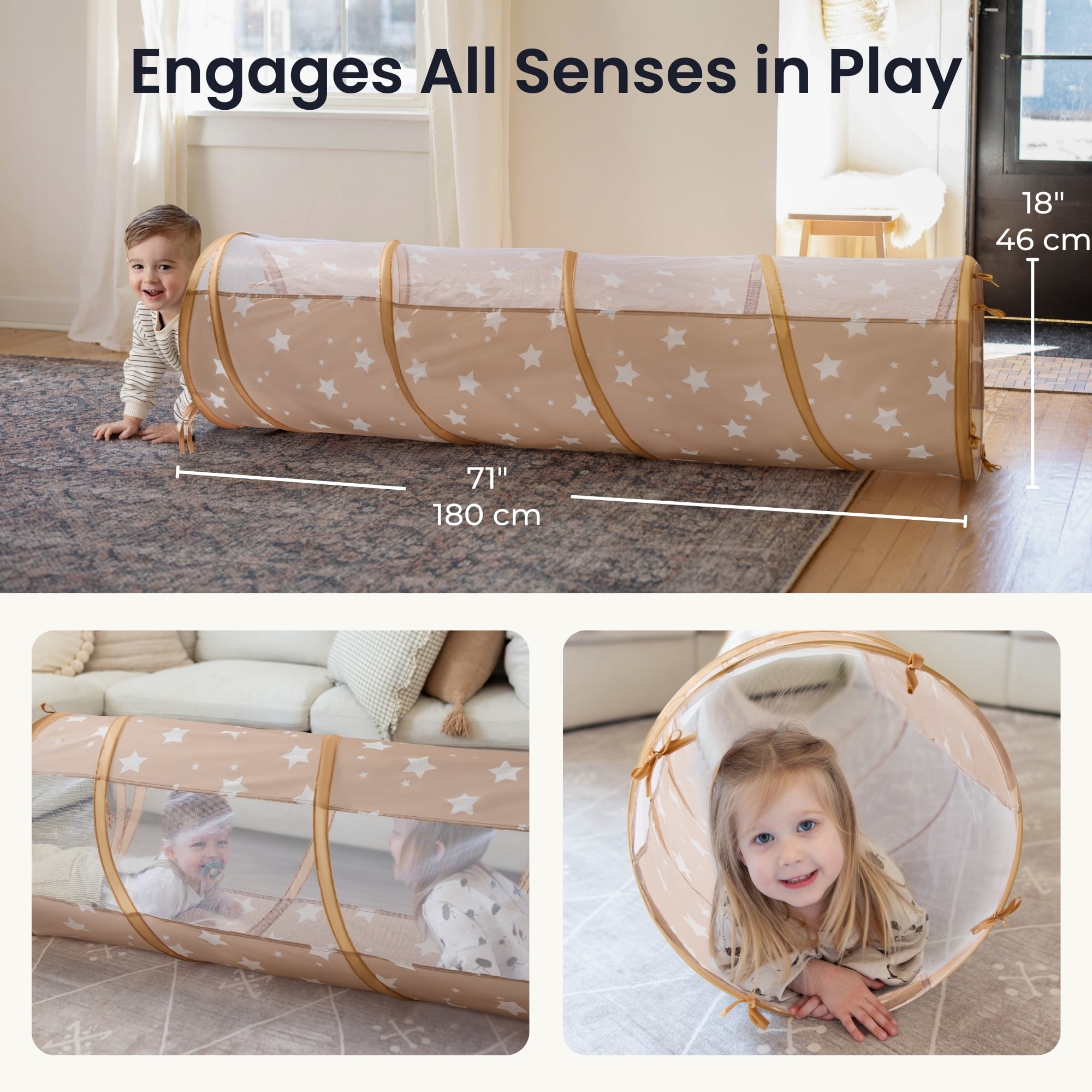 HELLOTINY Pop Up Crawl Tunnel for Toddlers, Indoor and Outdoor Active Play Toy (Brown, 71 in) 4l9xh