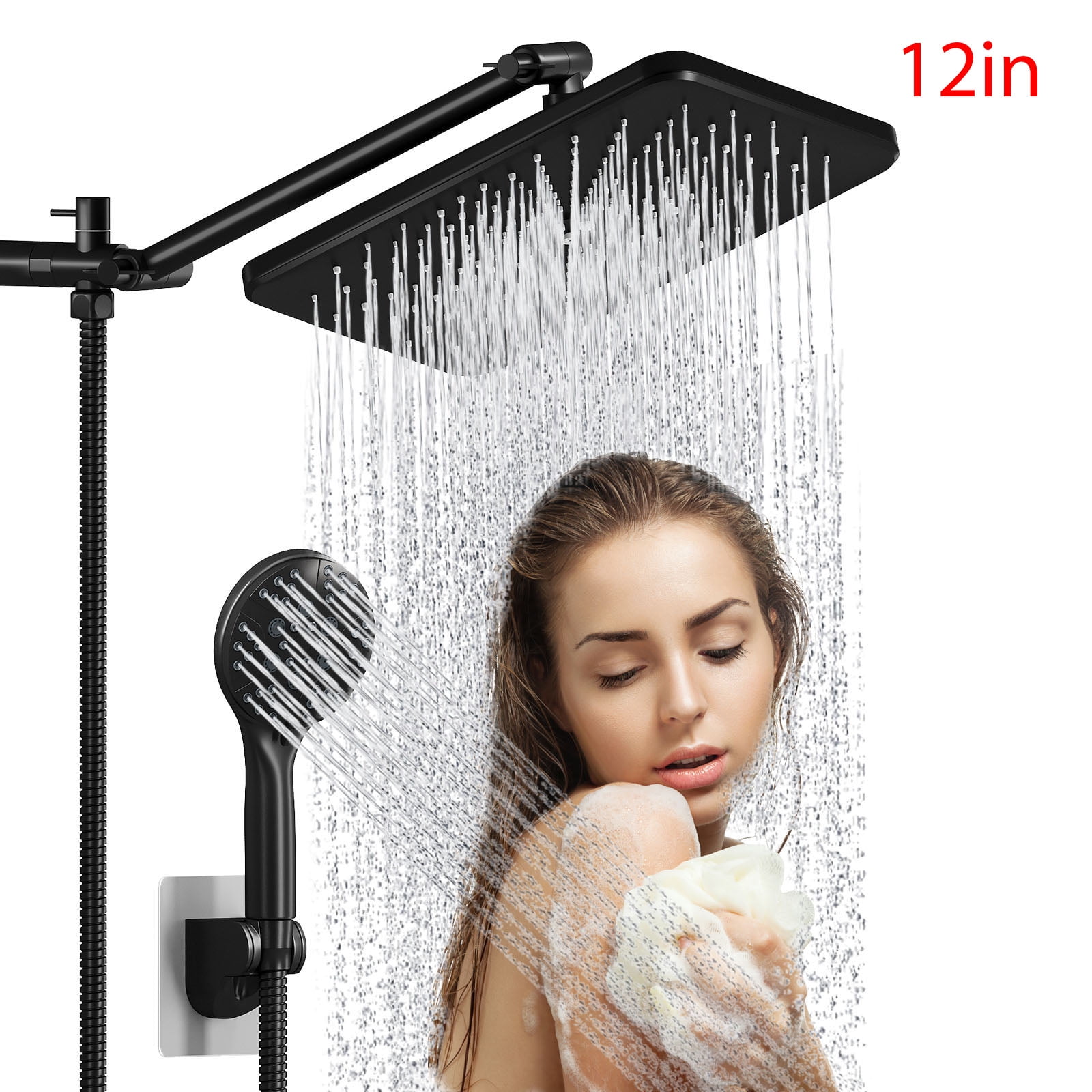 IUSU 12 in Rainfall Shower Head Combo, High Pressure Handheld Showerhead with Adjustable Extension Arm (Black, 12 in) 2wisl