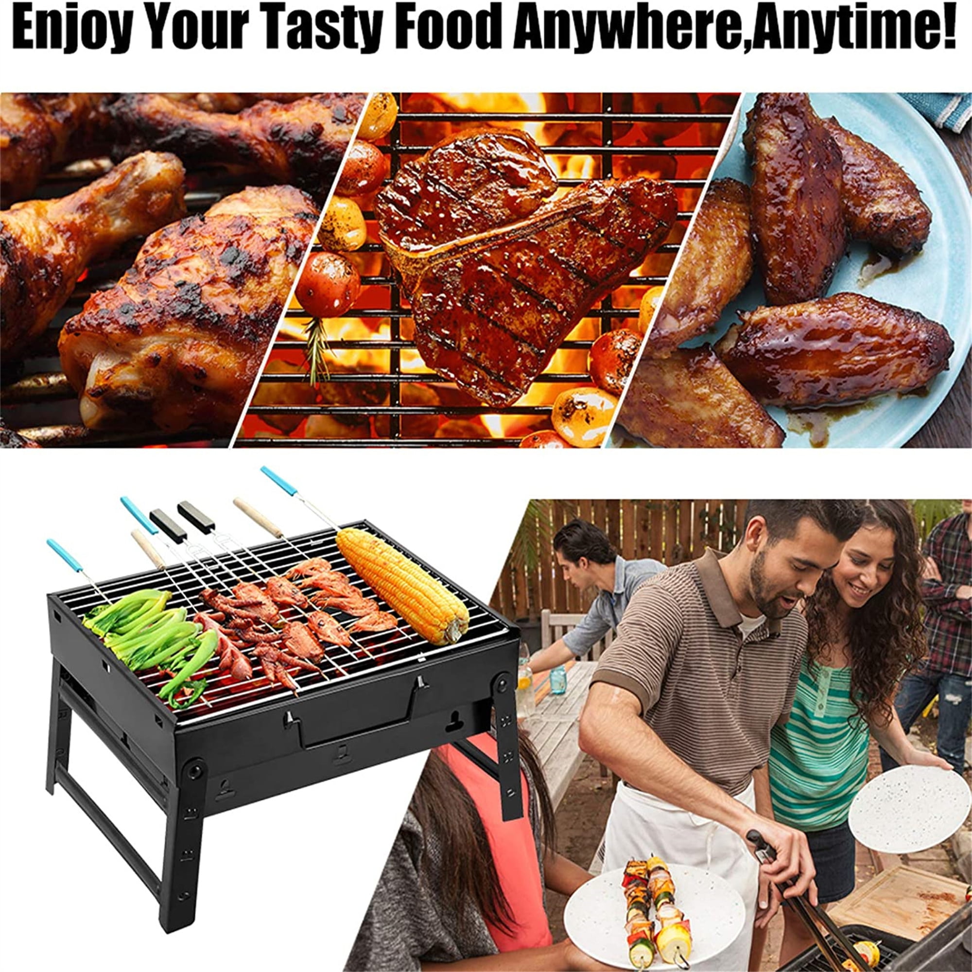 Vowella Portable Folding Charcoal Grill, Compact Stainless Steel Barbecue Set for Camping and Picnics (Black, 17 in x 11 in x 11 in) xr9g8