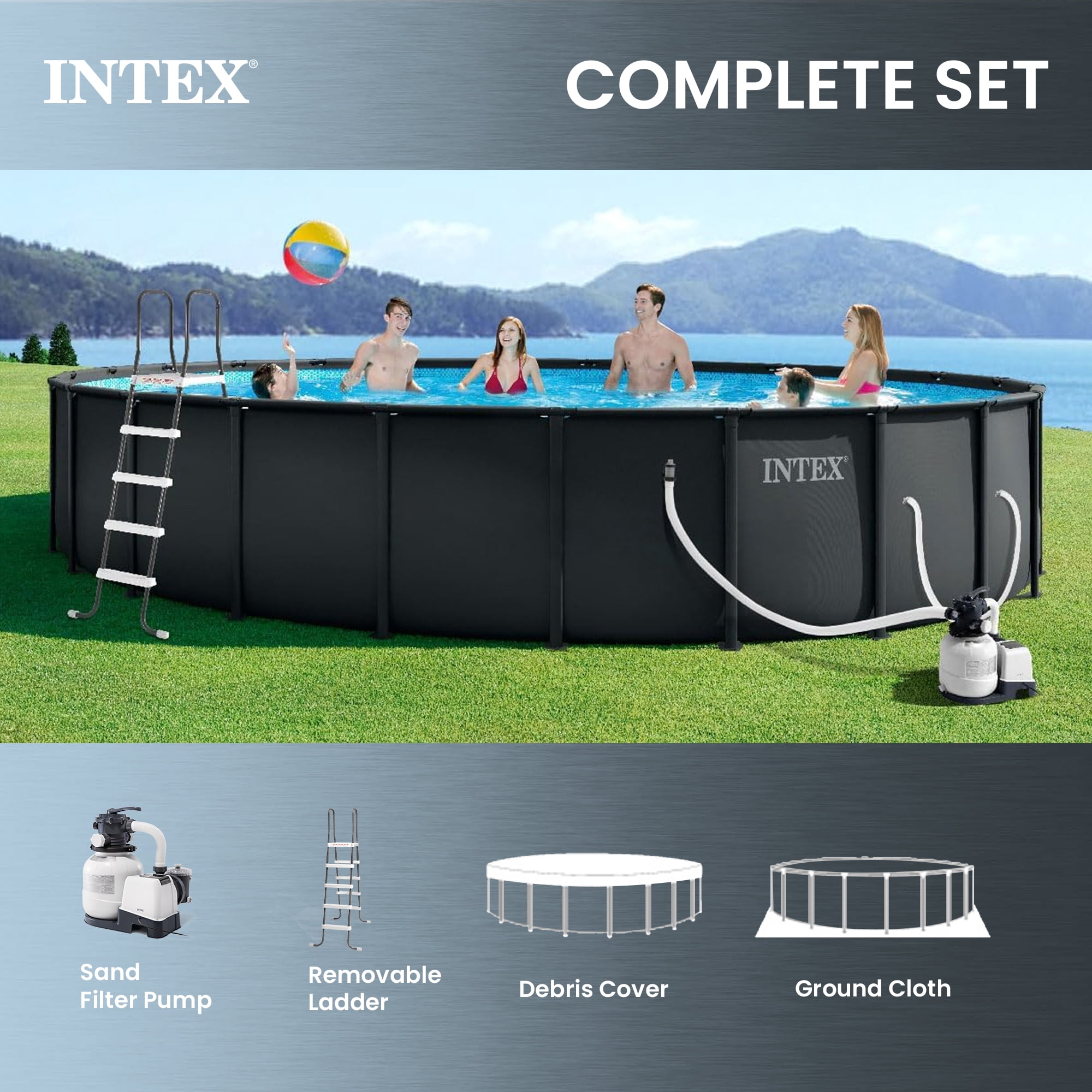 Intex Ultra XTR Round Frame Above Ground Swimming Pool Set with Pump and Ladder (Dark Gray, 24 ft x 52 in) g55hu