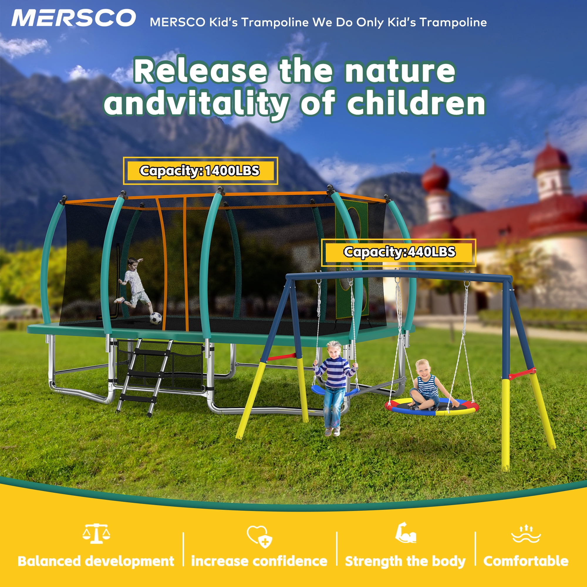 Mersco 4-in-1 Rectangular Trampoline with Swing Set and Enclosure Net (Green, 10 ft x 16 ft) 5k7pn