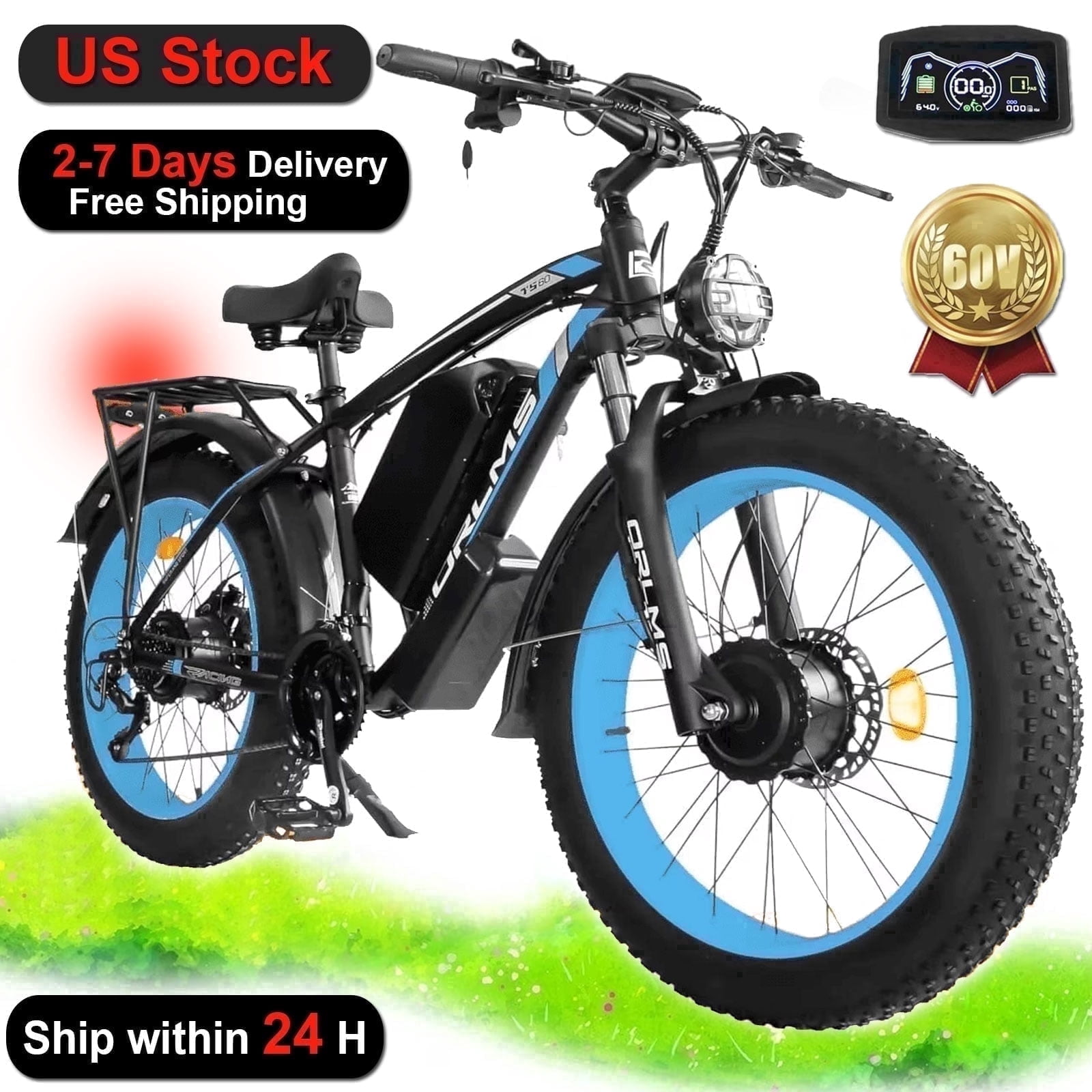 SMLRO Electric Mountain Bike, 6000W Dual Motor AWD E-Bike, 60V 25AH Battery, 26 in x 4.0 Fat Tire, Off-Road Dirt Bike (Black, 26 in) 9r86a