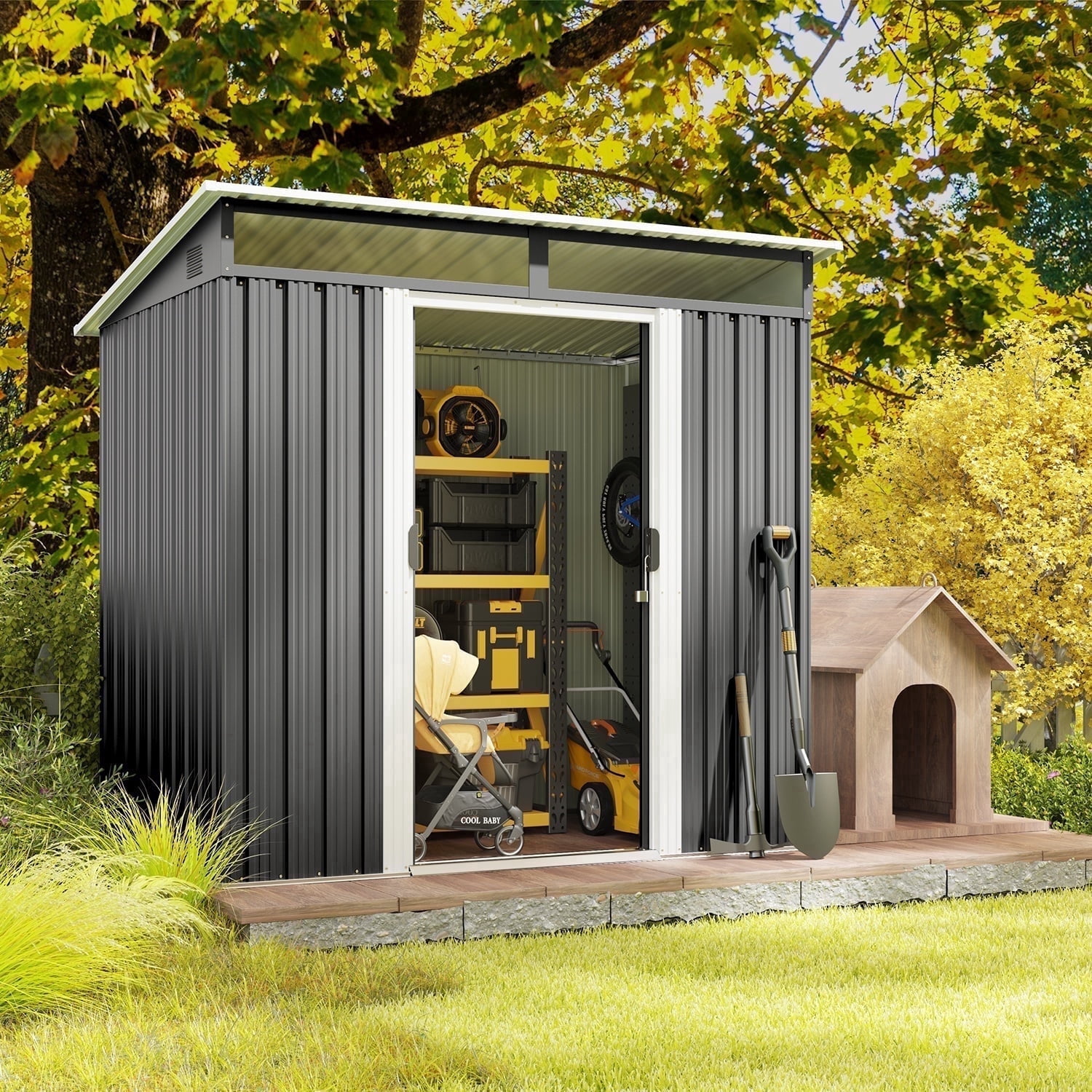 Asofer Outdoor Storage Shed, Heavy-Duty Galvanized Steel Backyard Tool Organizer with Window (Dark Gray, 77 in x 43 in x 77 in) efv4z