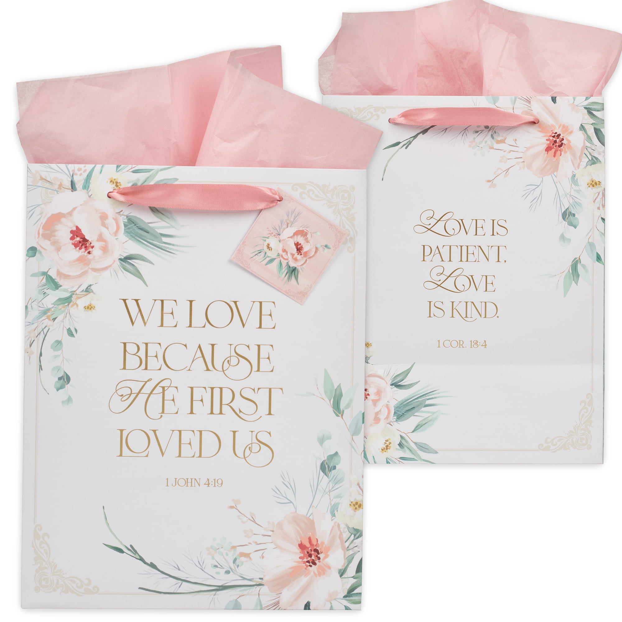 Christian Art Gifts Large Inspirational Scripture Gift Bag Set with Tissue Paper and Tag (White and Pink Floral, 13 in x 10 in x 7 in) 1ou6i