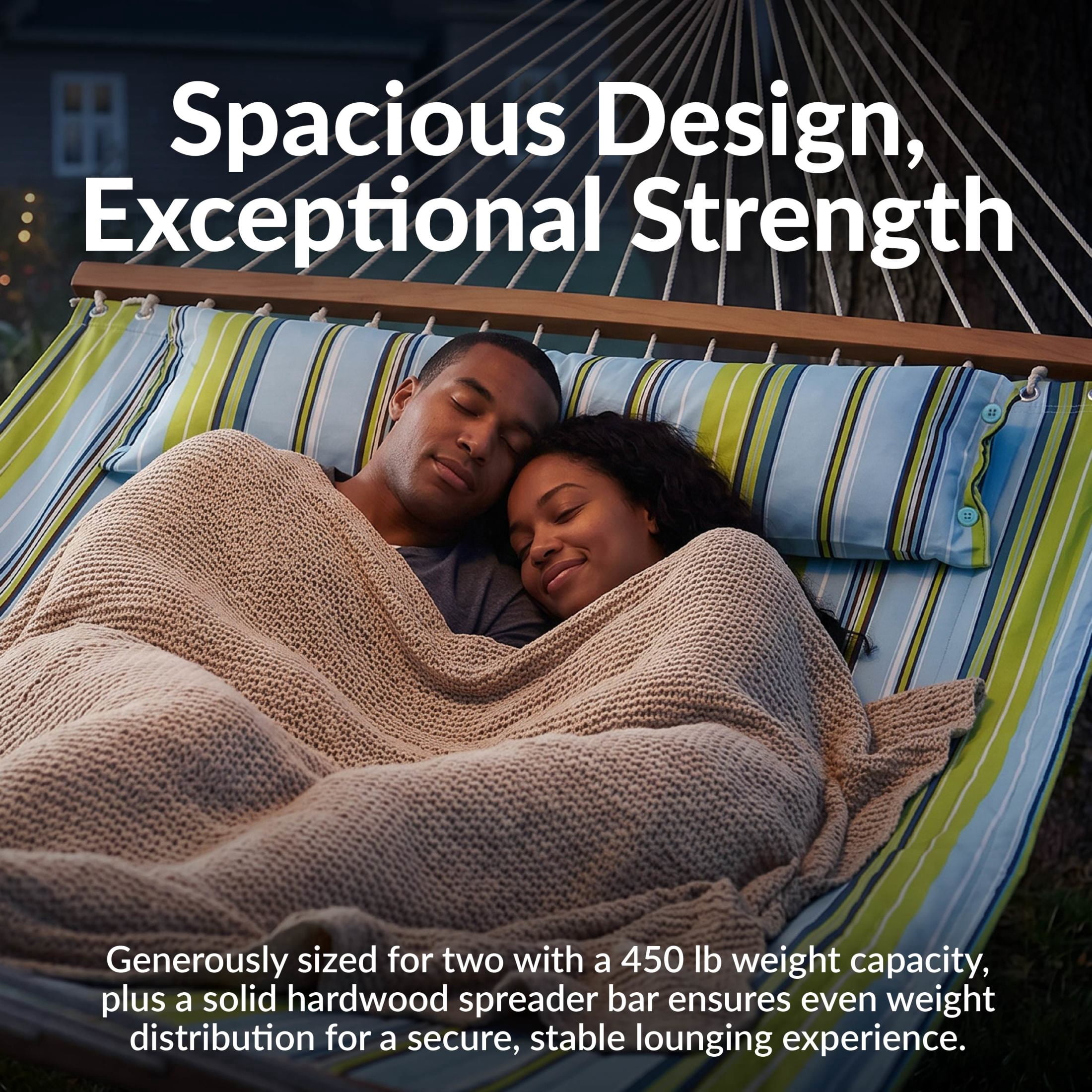 Sunnydaze 2-Person Quilted Polyester Spreader Bar Hammock (Blue and Green, 74 in x 55 in) qhkh5